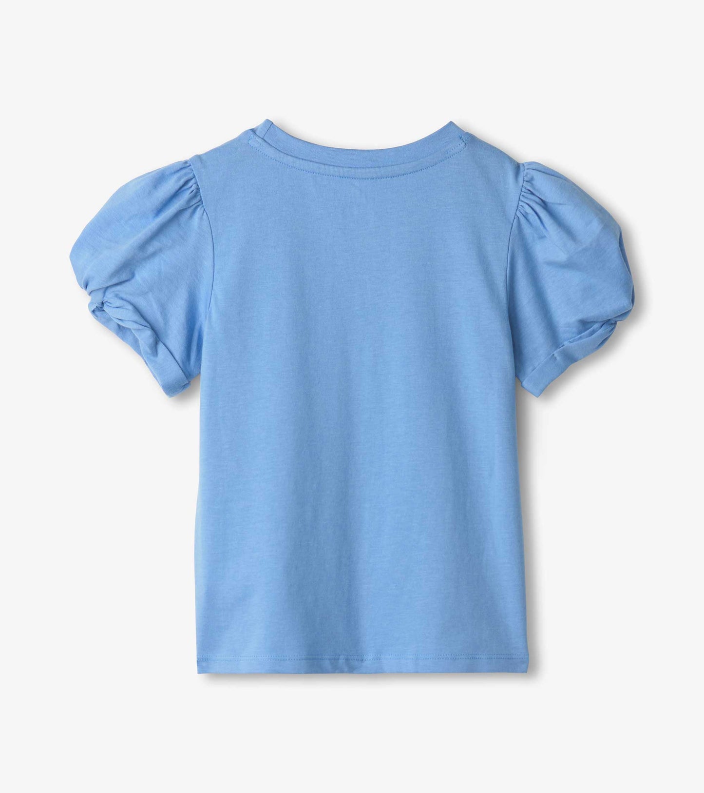 Cornflower blue tee with twisted sleeves, featuring a soft cotton material and a relaxed fit, shown from the back.