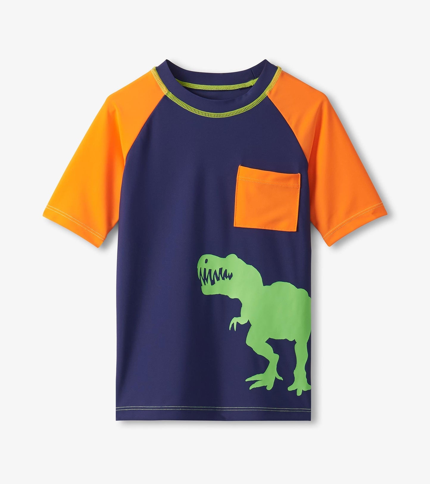 Short sleeve rashguard featuring a navy body, orange sleeves, and a green dinosaur graphic on the front.