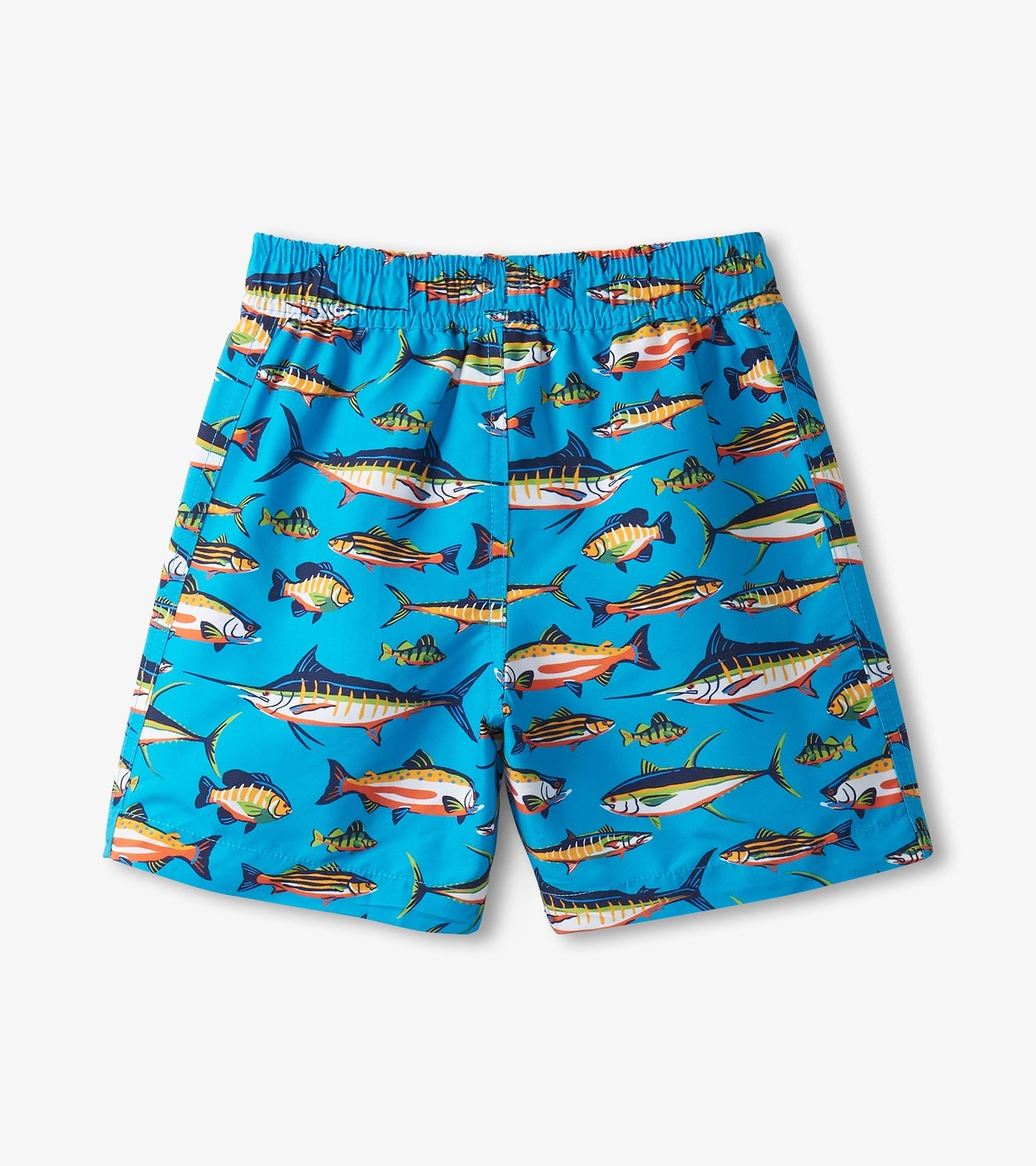 Blue swim trunks featuring a colorful fish pattern, ideal for boys, with an elastic waistband for comfort.