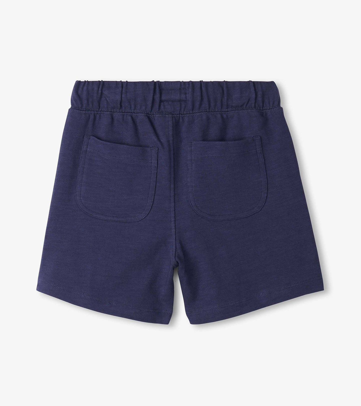 Navy blue boys shorts with elastic waistband and back patch pockets, back view