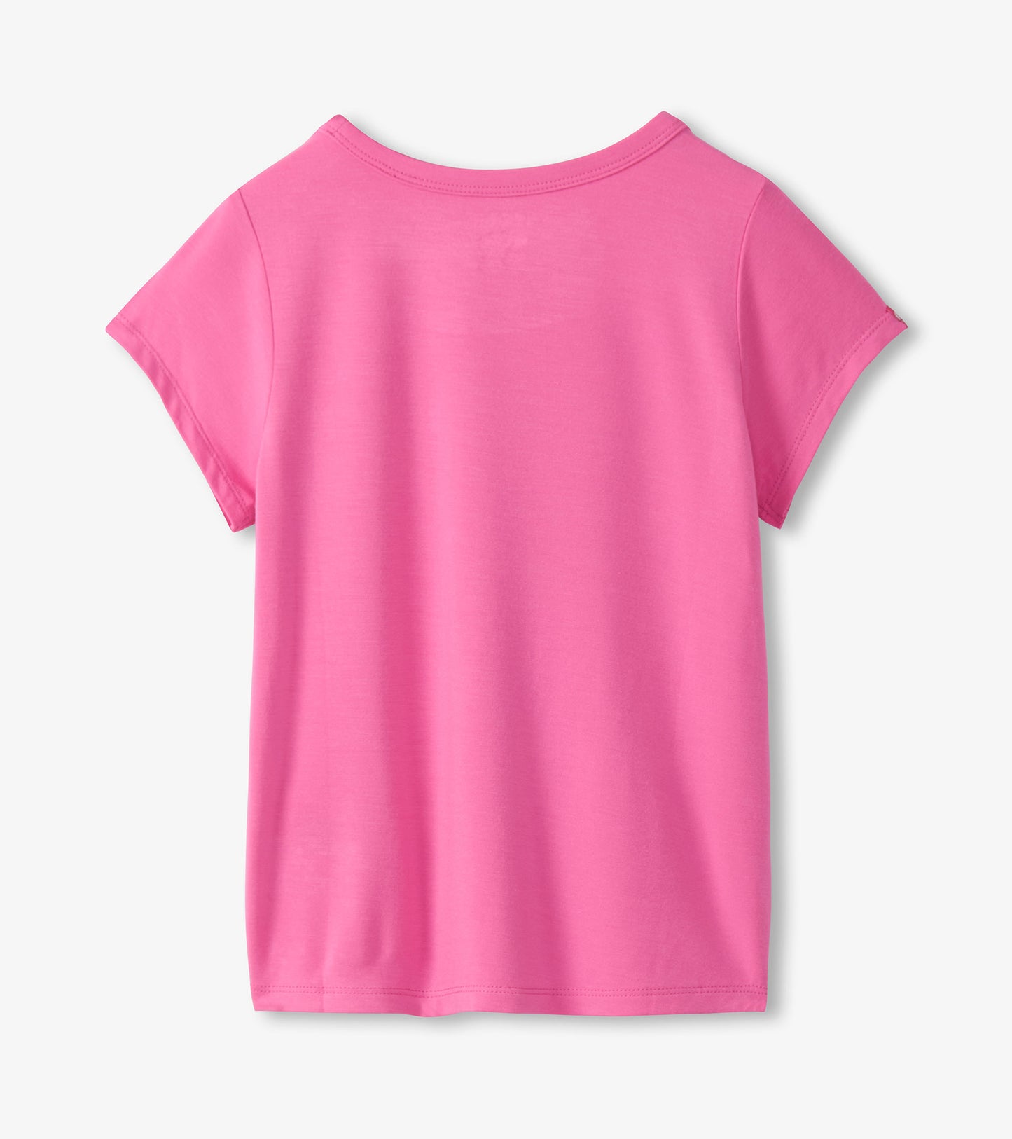 Pink short-sleeve girls T-shirt with a crew neck, shown from the back on a plain background