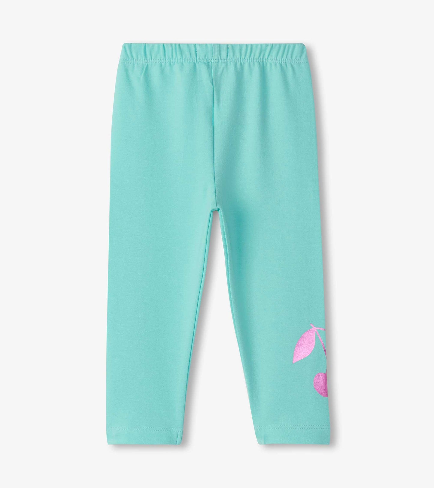 Light blue leggings with an elastic waistband and pink cherry print on the lower left leg.