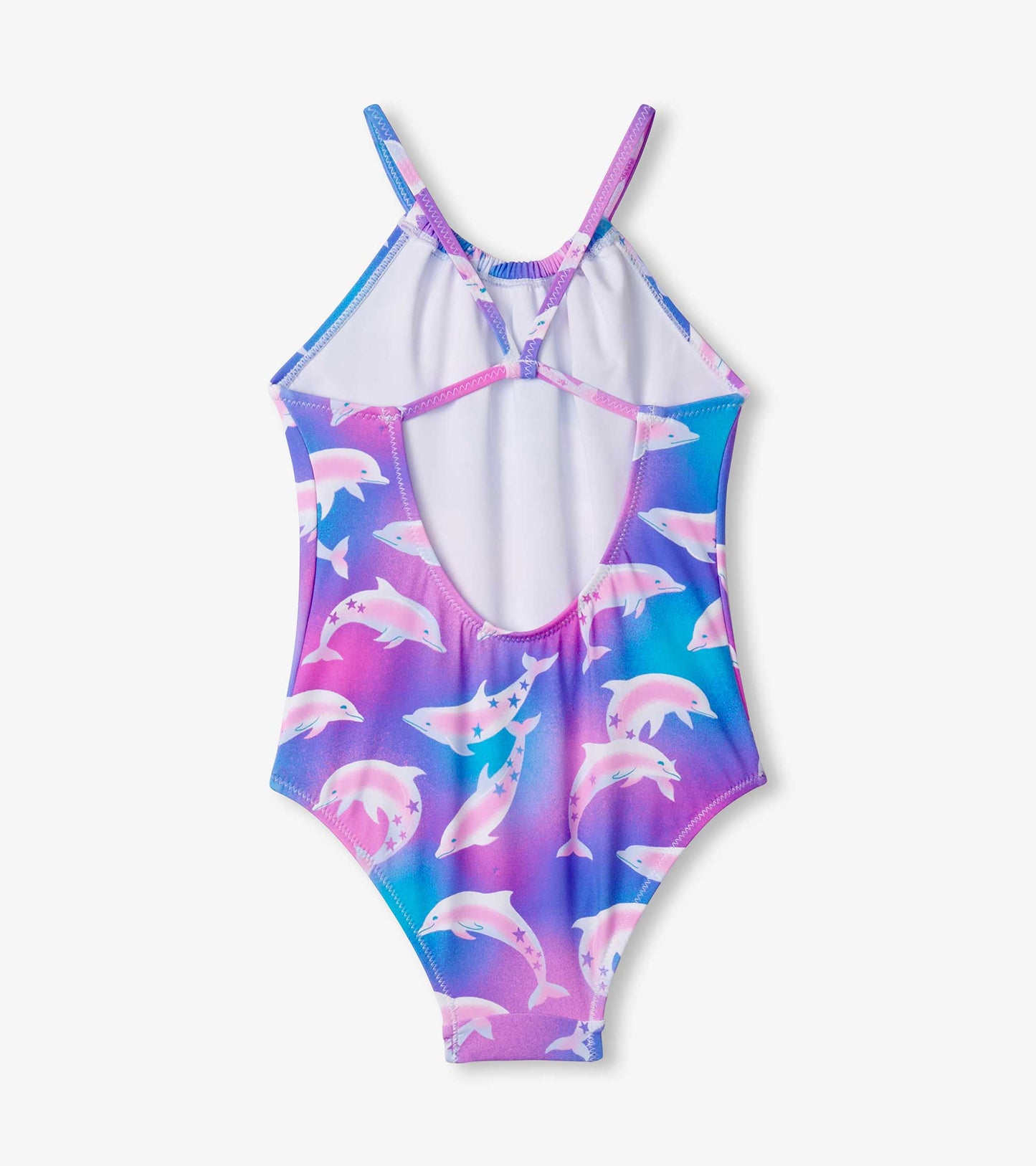 Purple and pink swimsuit featuring a dolphin pattern, with a cutout back and adjustable straps.