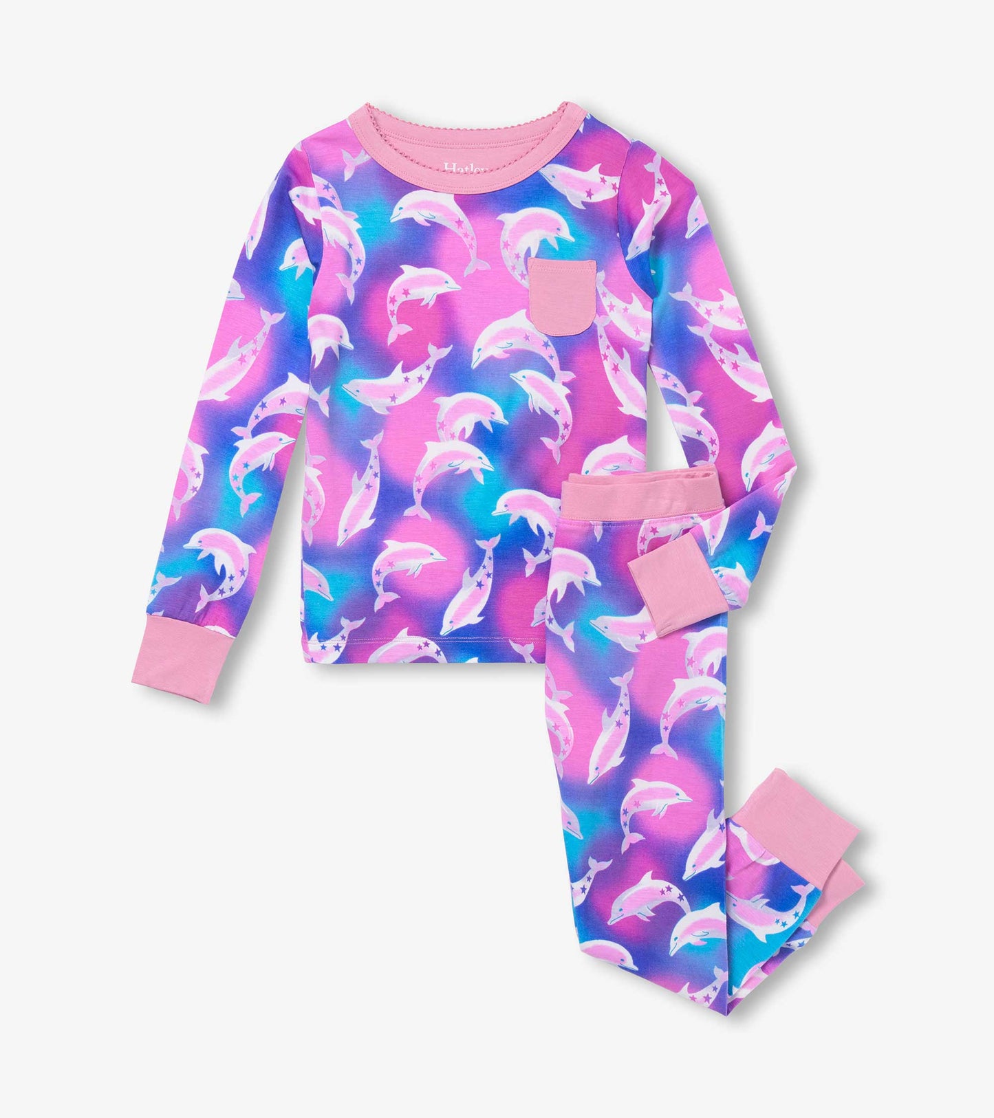 Bamboo pyjama set featuring a vibrant dolphin print in pink and blue, with long sleeves and matching pants.