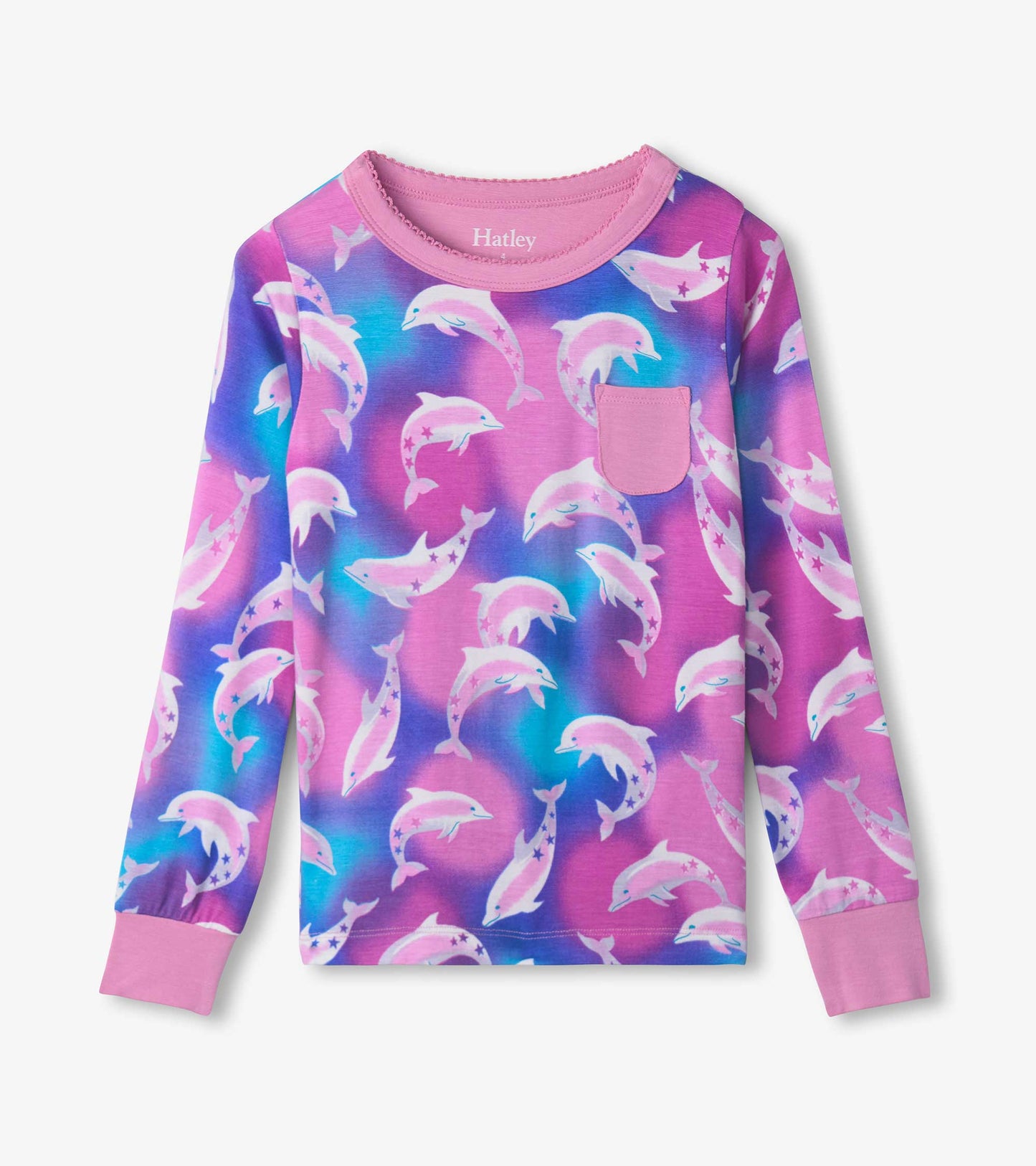 Long-sleeve pyjama top in pink and purple with a dolphin print and a small pocket on the front.