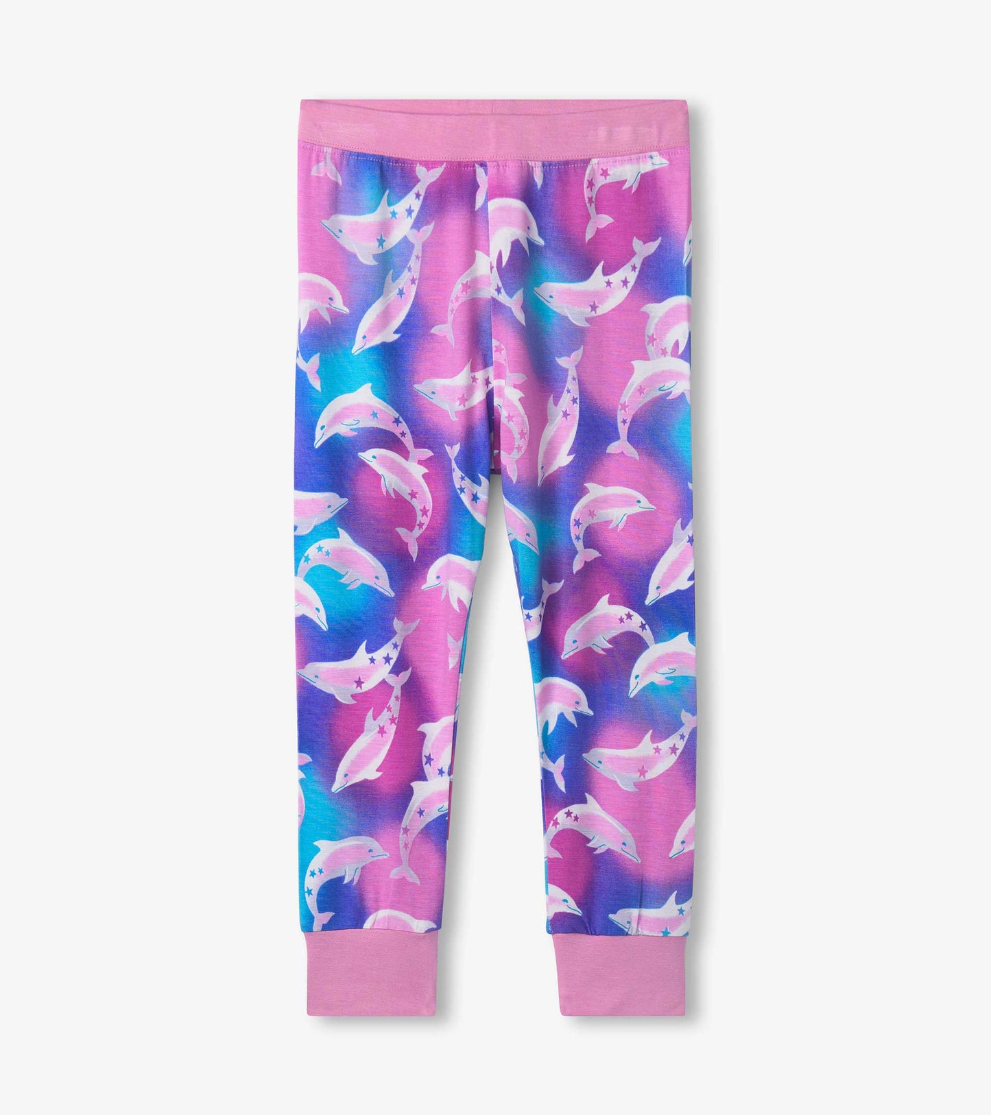 Bamboo pyjama set featuring a vibrant dolphin pattern in pink and blue with pink cuffs.