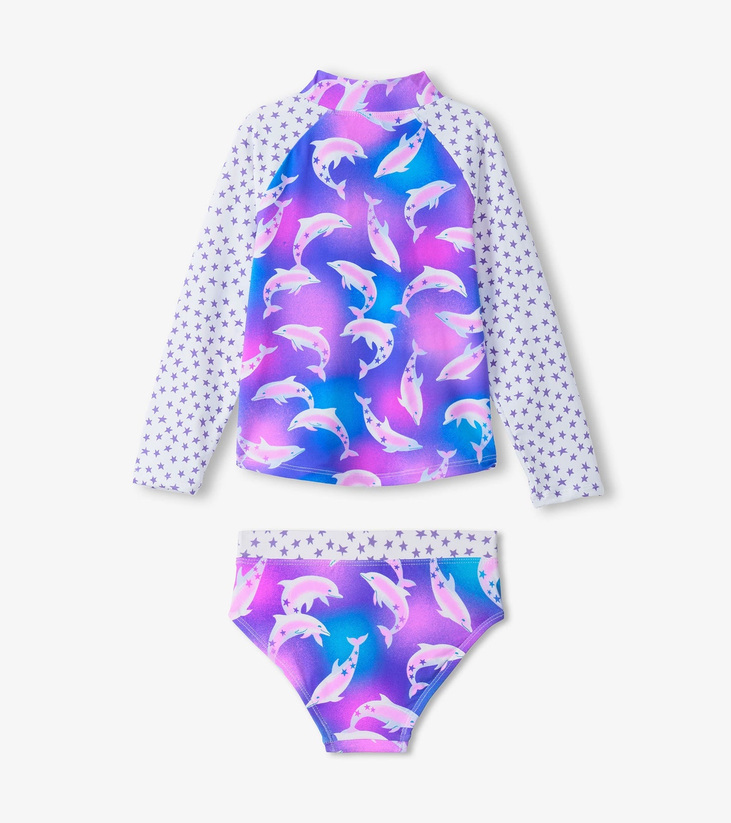 Long-sleeve rashguard and bikini set featuring a colorful dolphin print on a gradient background with star patterns.