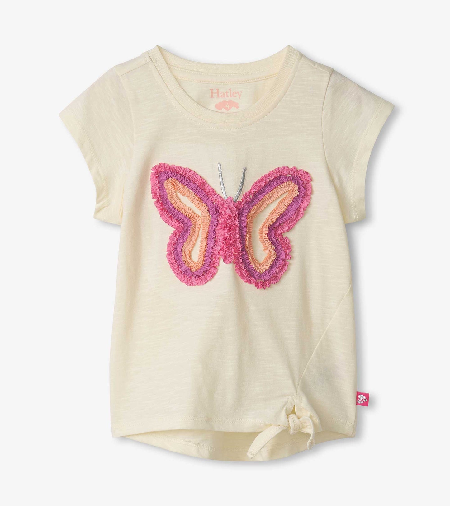 Light yellow tie-front t-shirt featuring a colorful butterfly design in pink and orange. Short sleeves and soft fabric.