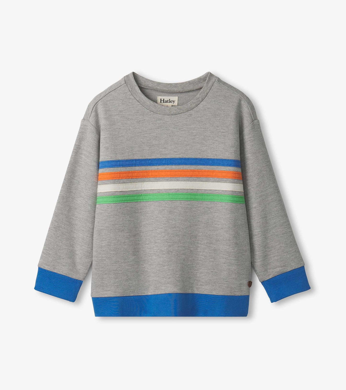 Grey pullover sweatshirt with colorful horizontal stripes in blue, orange, green, and a blue hem and cuffs.