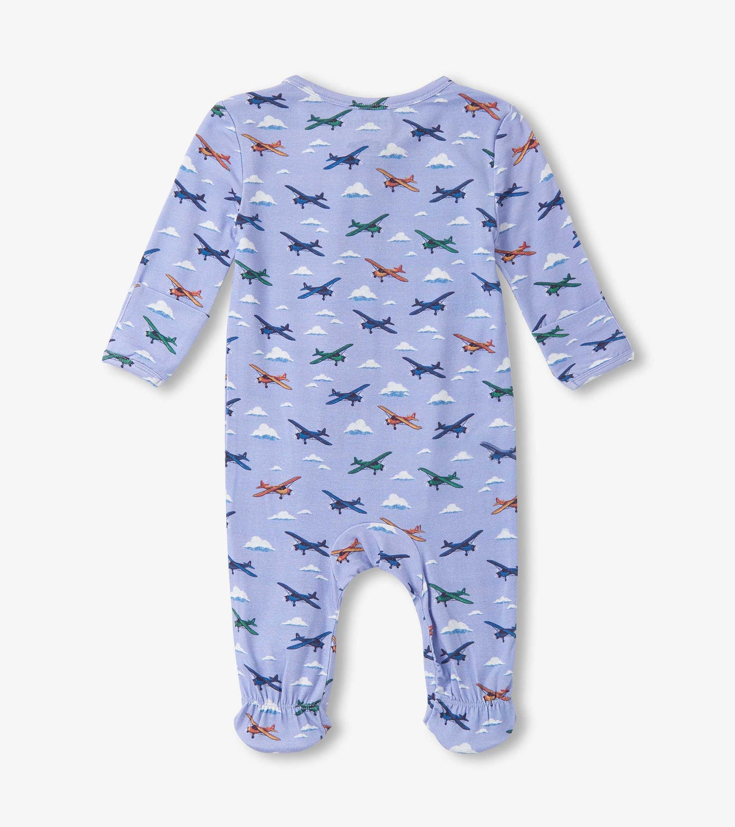 Light purple footed sleeper featuring colorful airplane patterns and elasticized cuffs. Suitable for baby boys.