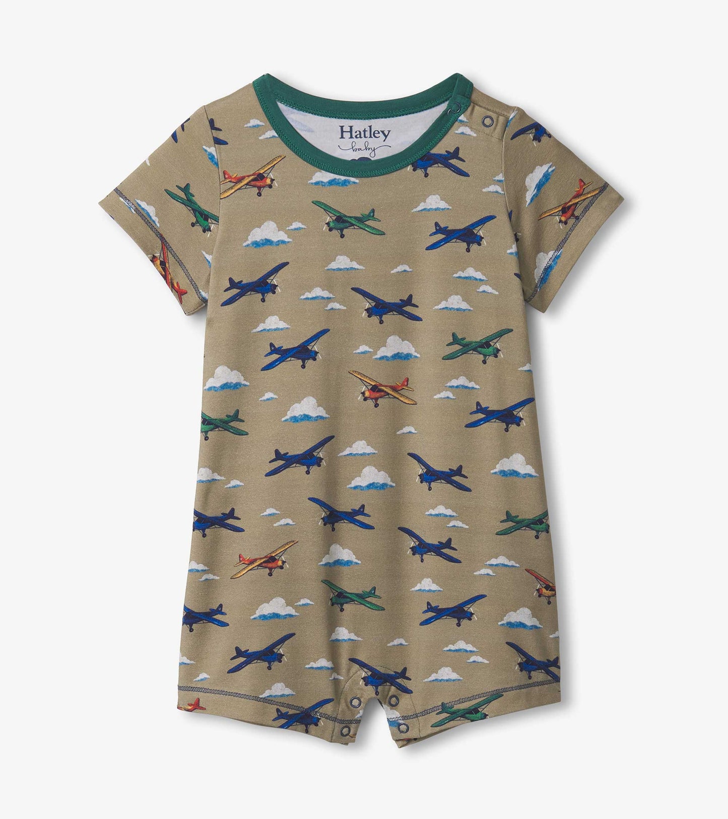 Tan bamboo romper featuring colorful airplane patterns and a green neckline, suitable for baby and toddler boys.