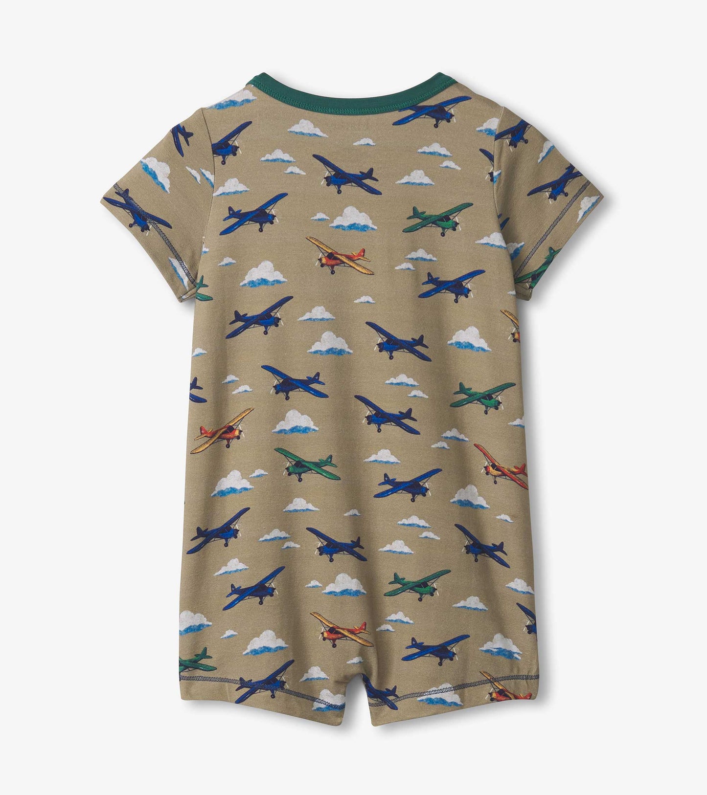 Tan bamboo romper featuring colorful airplane patterns and a green collar, suitable for baby and toddler boys.
