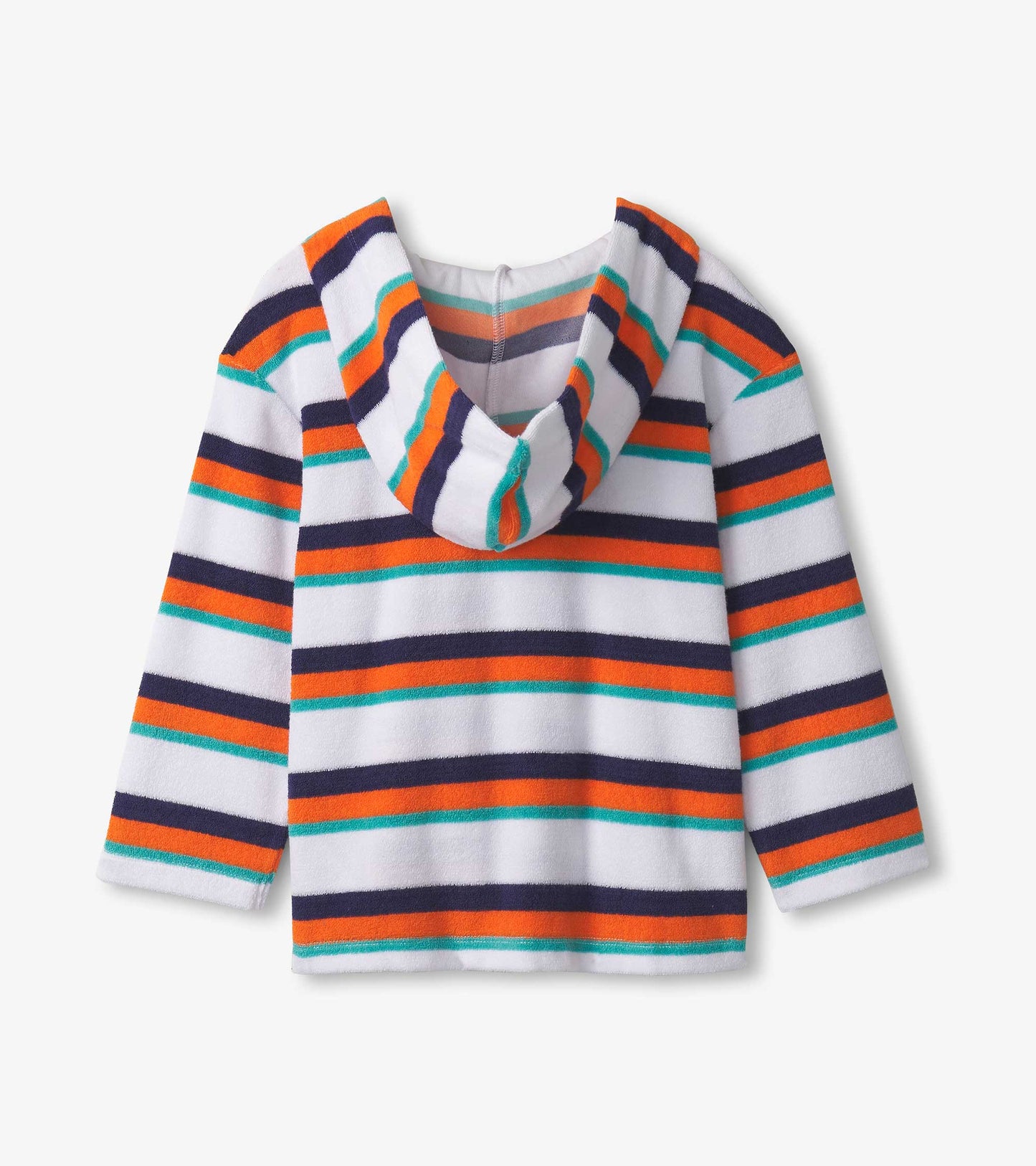 Striped terry pullover hoodie in white, featuring orange, navy, and teal stripes, with a cozy hood and long sleeves.