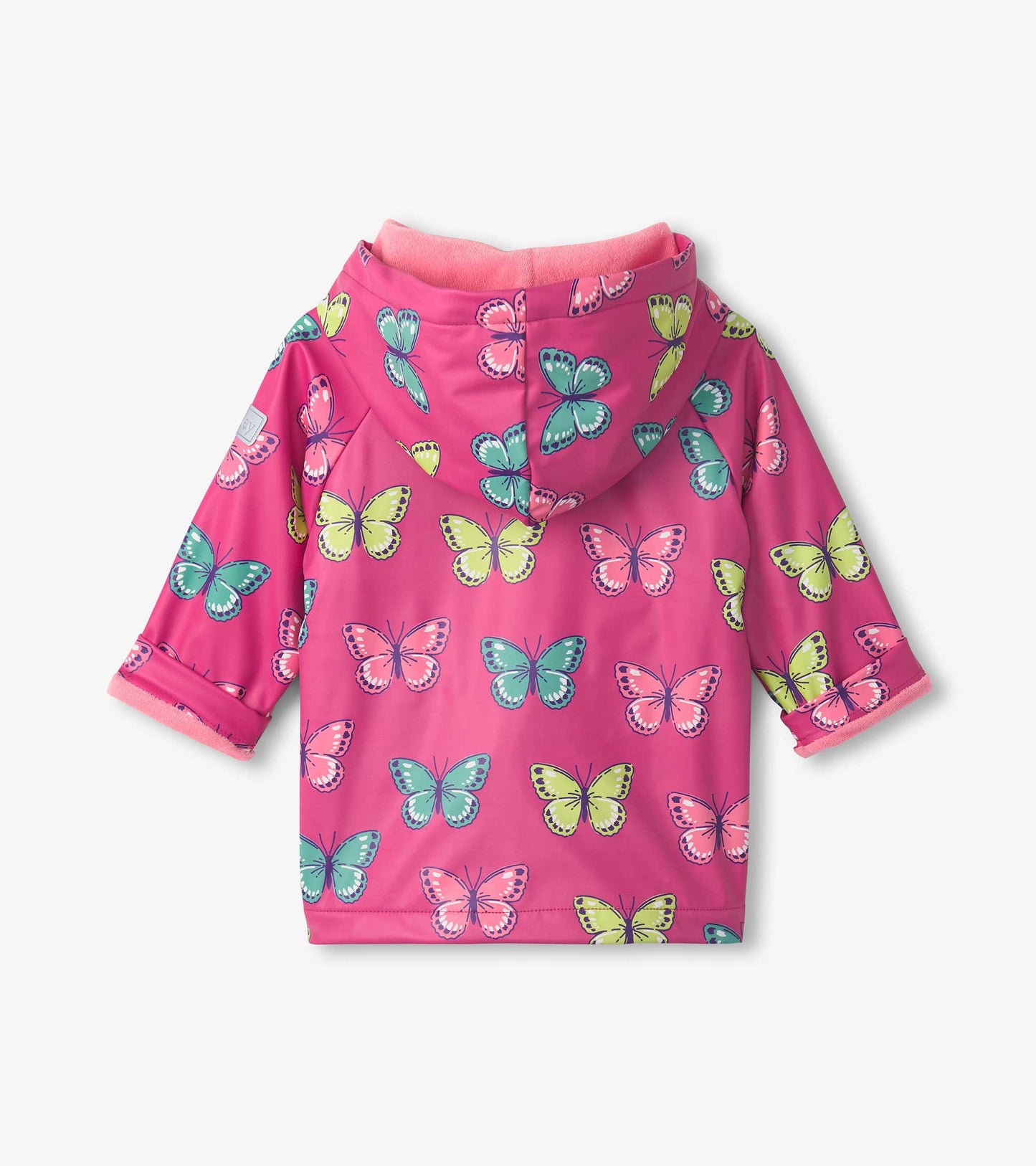 Pink raincoat featuring colorful butterfly patterns, with a hood and soft lining, suitable for toddlers.