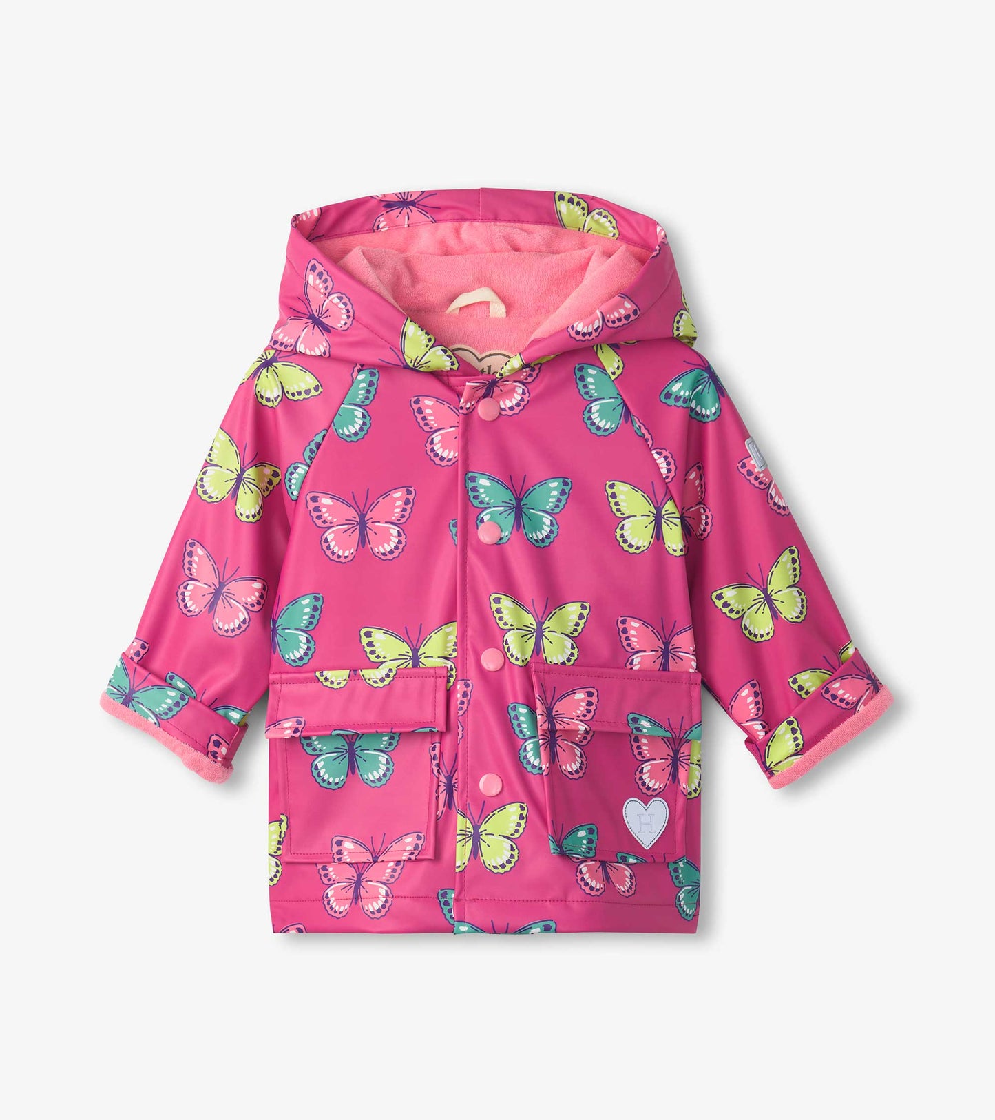Pink raincoat featuring colorful butterfly patterns, a hood, and front pockets, designed for toddlers.