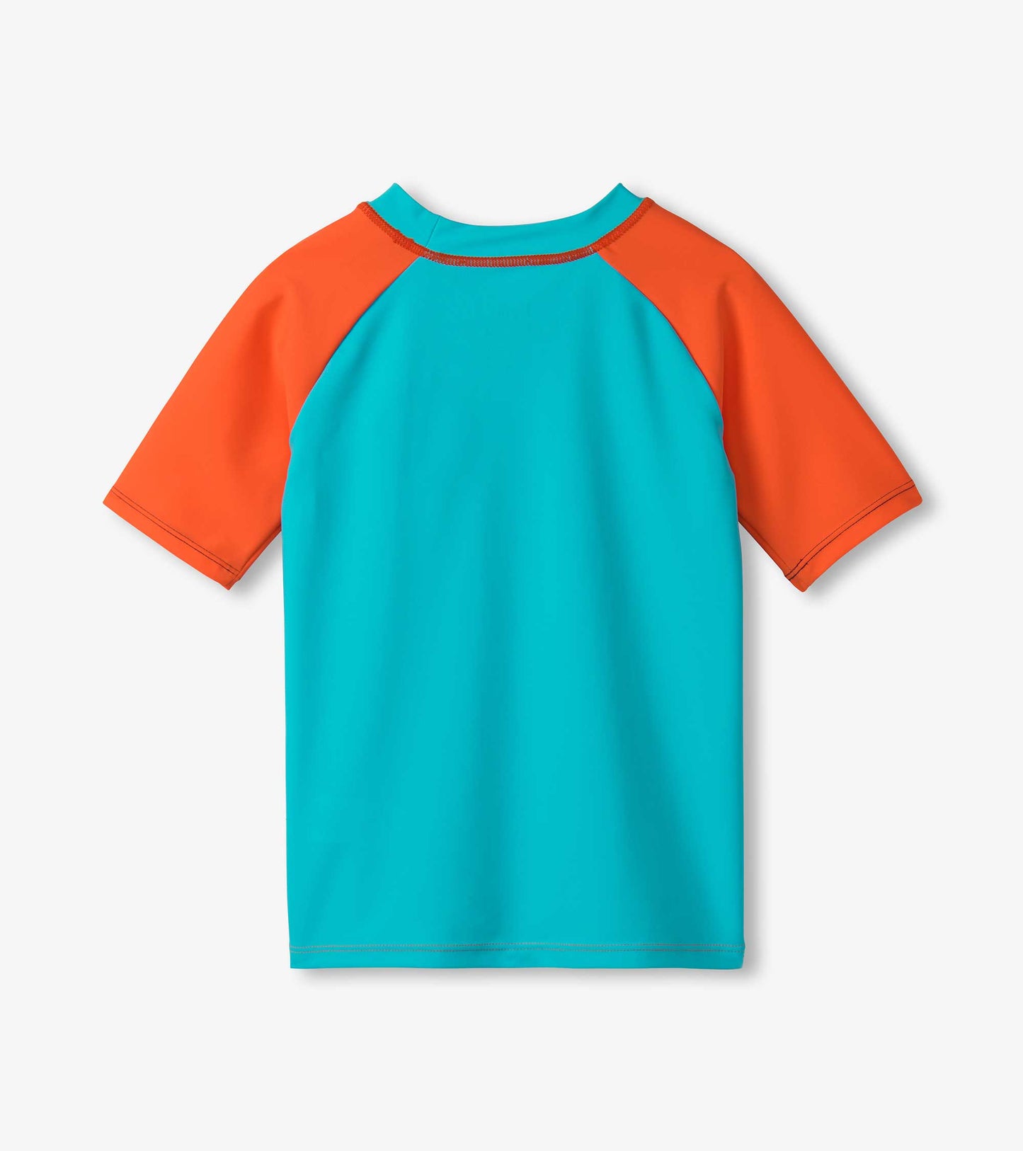 Short sleeve rashguard in turquoise with orange raglan sleeves, designed for boys, suitable for water activities.