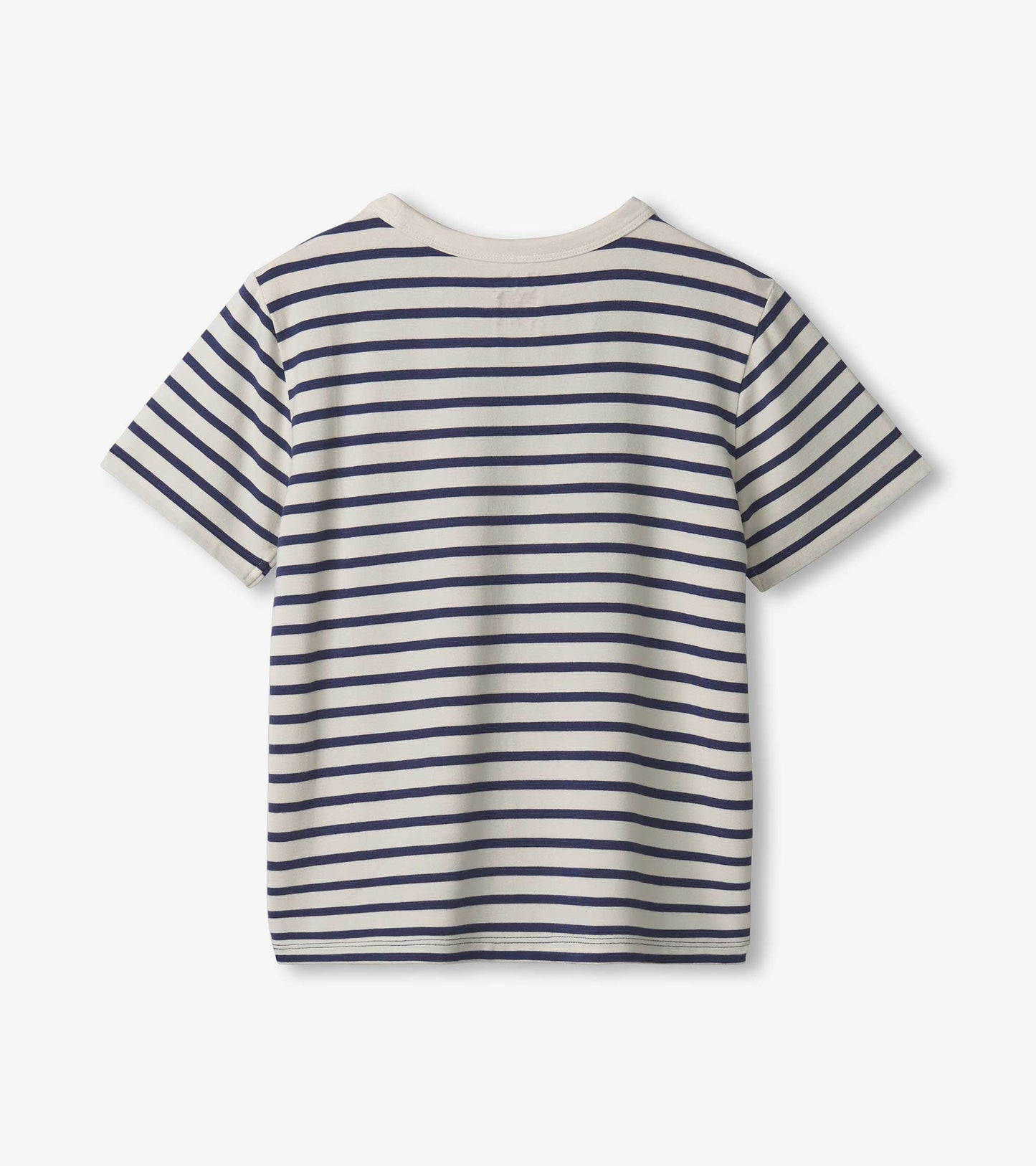 Boys' short-sleeve tee in cream with navy horizontal stripes, featuring a round neckline and a relaxed fit.