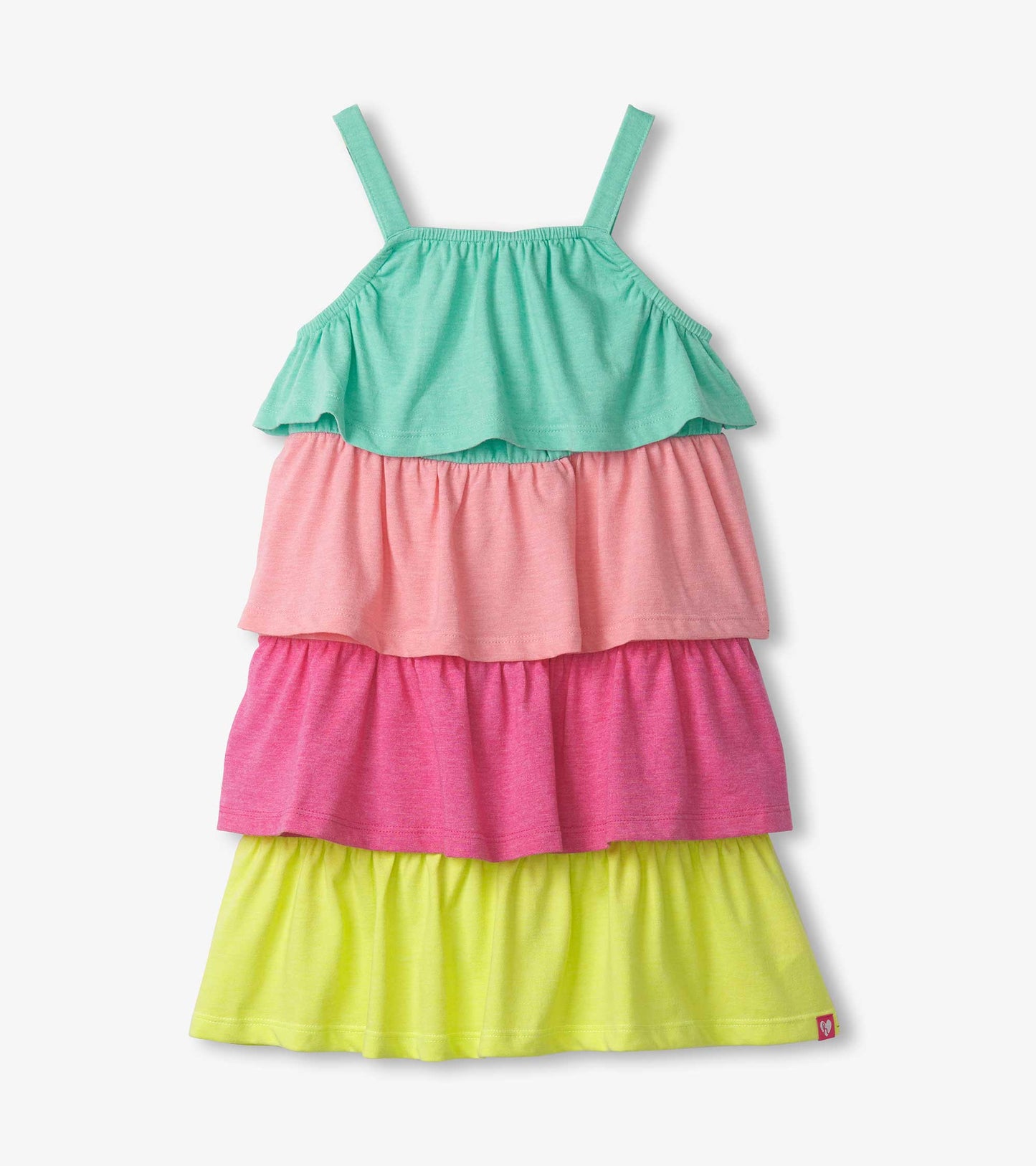Bright rainbow tiered dress featuring green, pink, and yellow layers with adjustable straps. Ideal for warm weather wear.