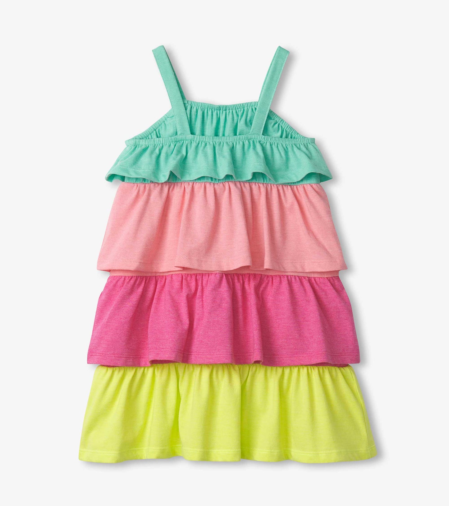 Tiered dress featuring green, pink, and yellow ruffles, with adjustable straps and a playful, colorful design.