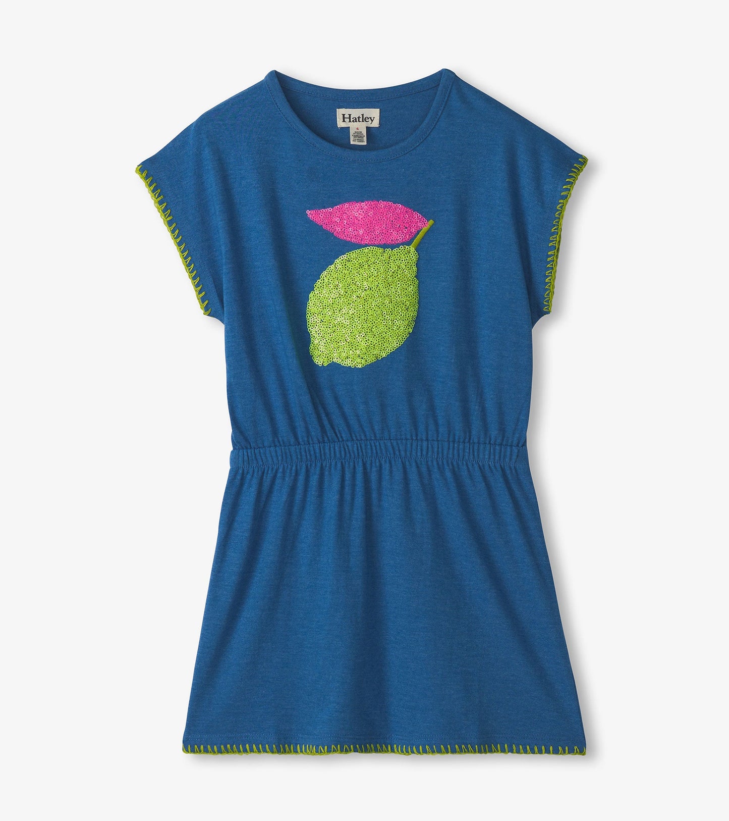 Blue relaxed dress featuring a sparkly lemon and leaf design, with short sleeves and an elastic waist.