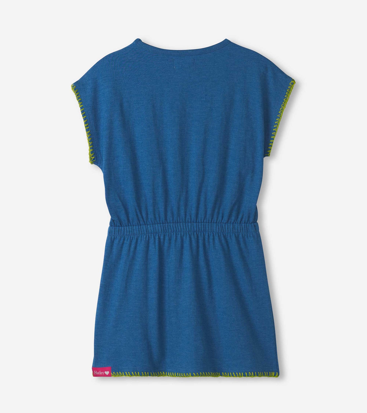 Blue relaxed dress with short sleeves and elastic waist, featuring green stitching along the sleeves.