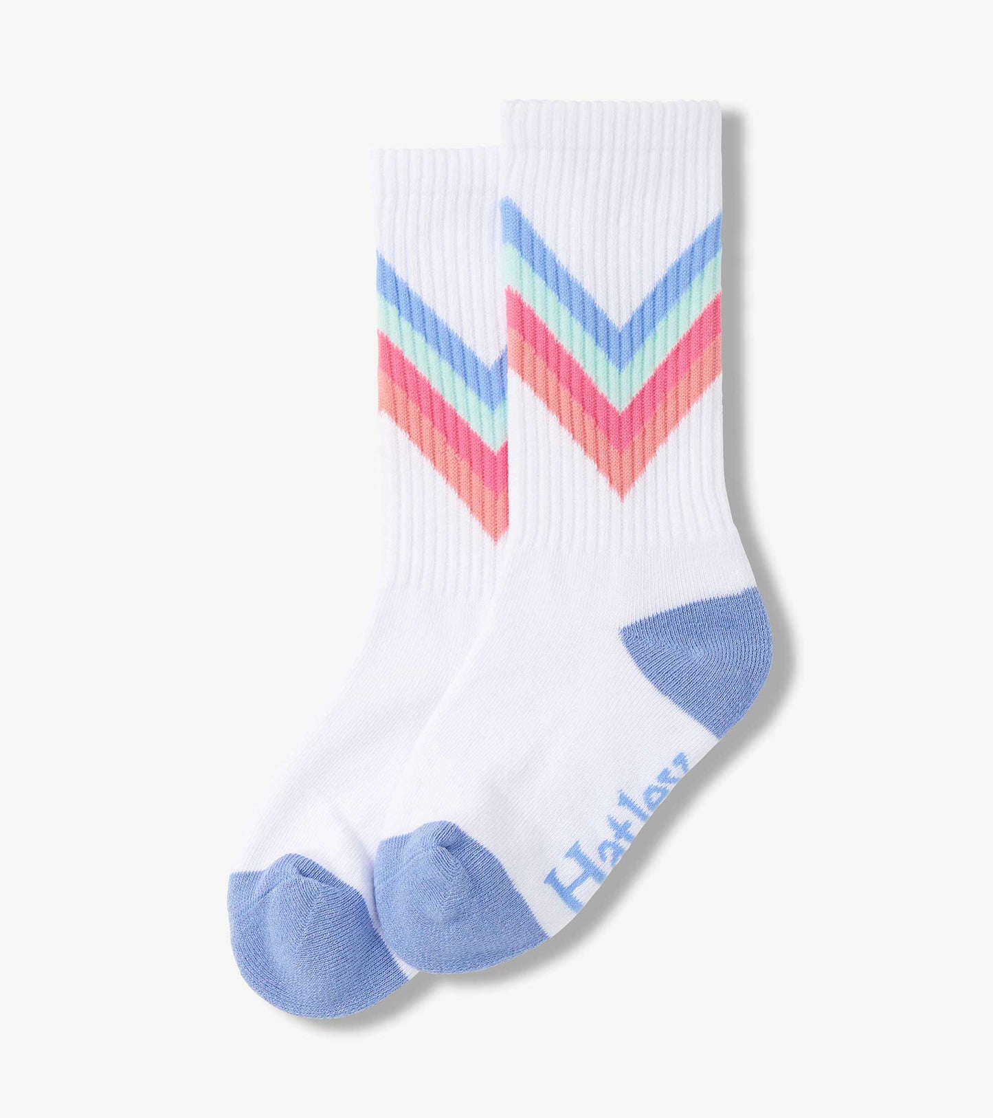 White tube socks featuring a colorful chevron pattern in pink, blue, and mint green with light blue accents on the toes.