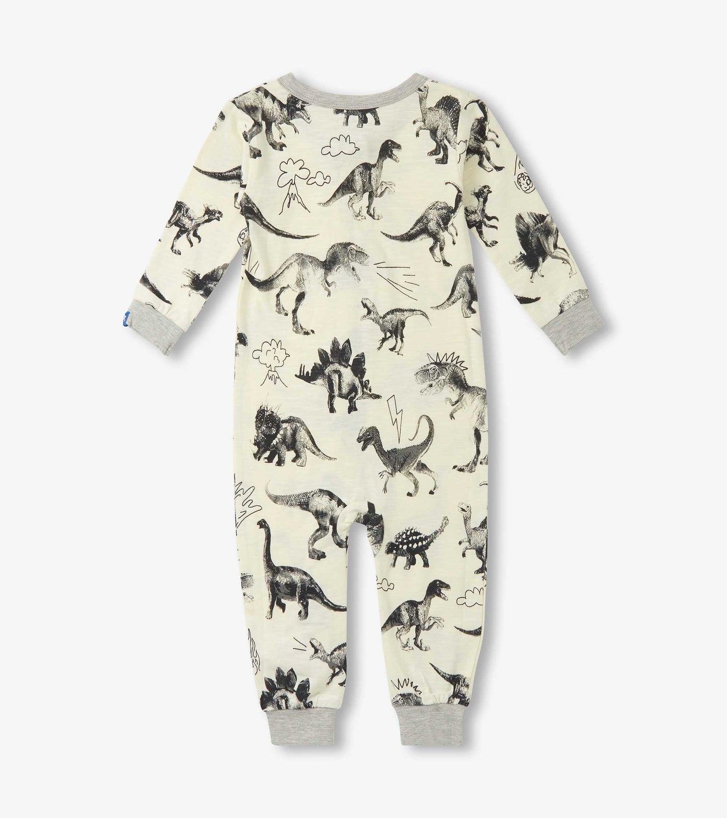 Cream sleeper featuring a dinosaur print with gray cuffs, suitable for baby boys aged 0-24 months.