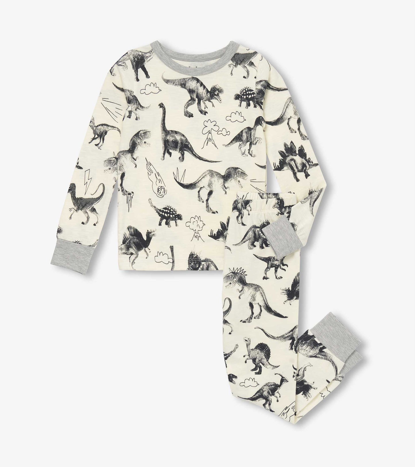 Cream-colored pyjama set featuring various dinosaur prints, with gray cuffs on the long-sleeve top and pants.
