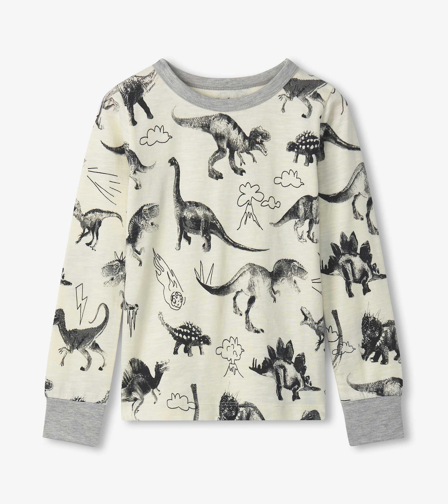 Long-sleeve pyjama top featuring a dinosaur print on a light background with gray cuffs.