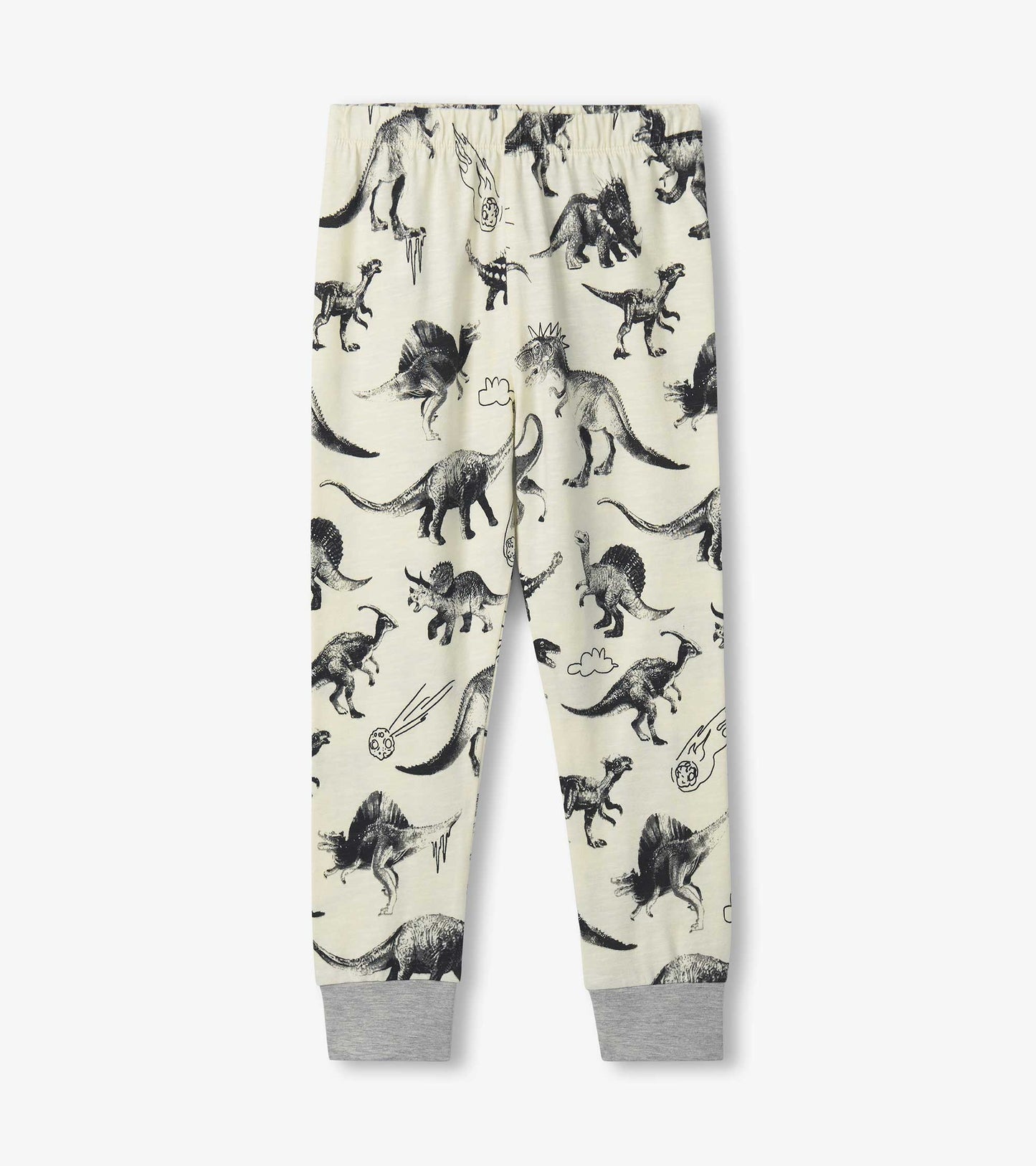 Light-colored pyjama pants featuring a playful dinosaur print, with elastic waistband and grey cuffs at the ankles.