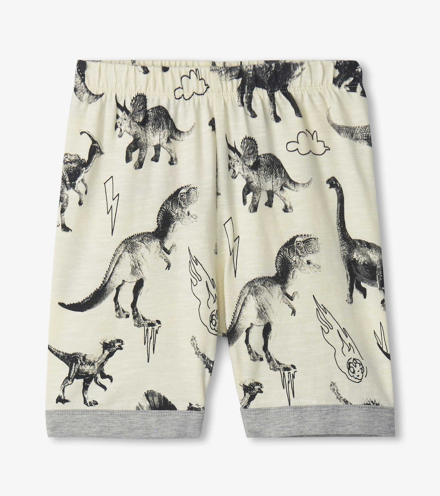 Short pyjama set featuring a cream background with black dinosaur prints and gray cuffs. Elastic waistband for comfort.