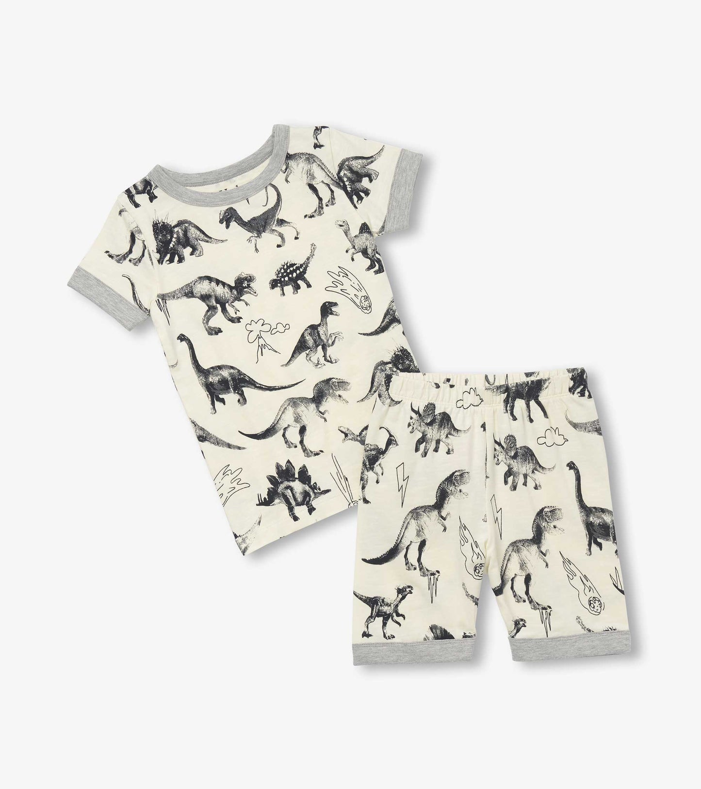 Short pyjama set featuring a cream base with black dinosaur prints and grey trim on the sleeves and shorts.