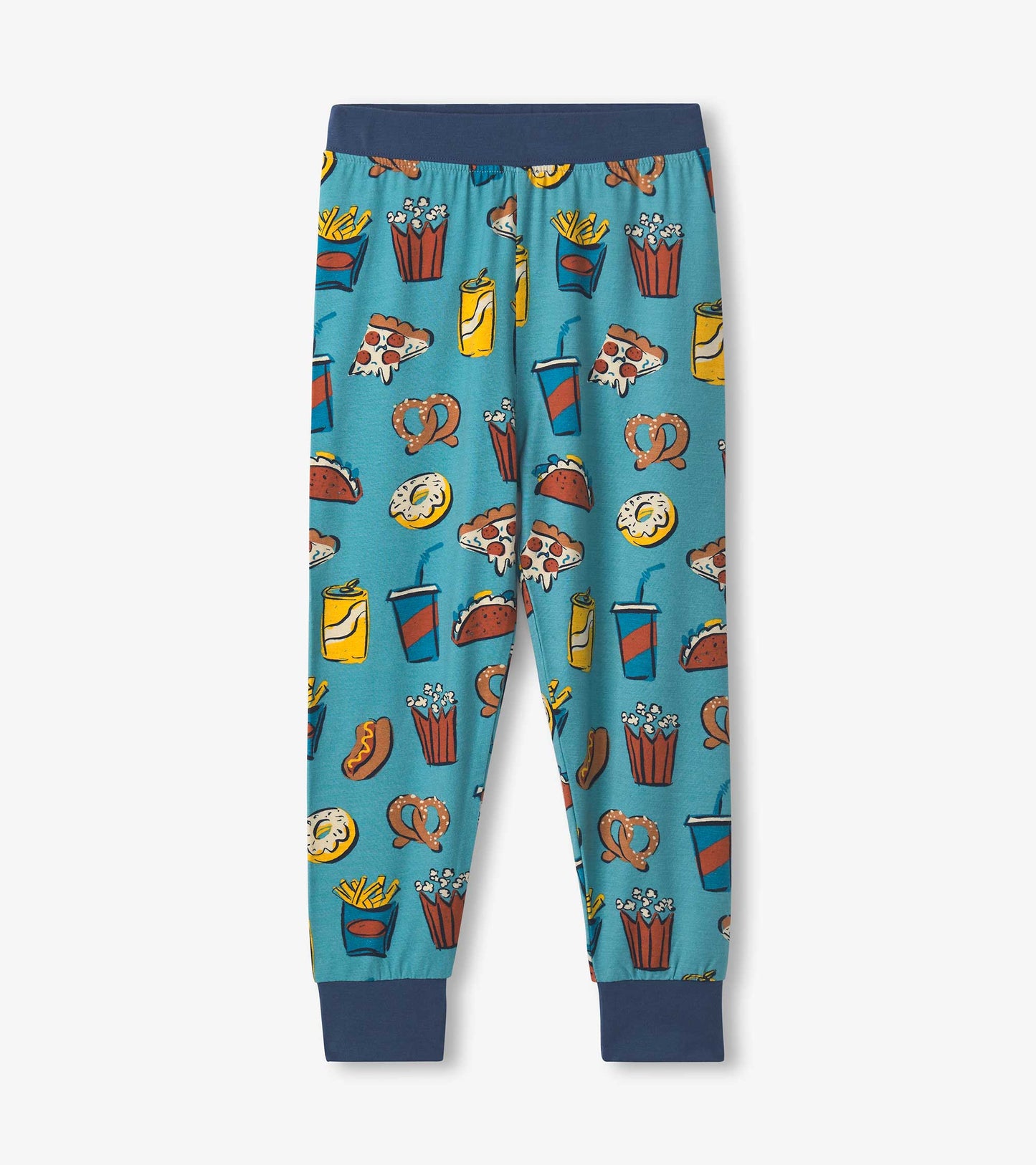 Bamboo pyjama set featuring a fun carnival food print on a teal background with elastic waistband and cuffed ankles.