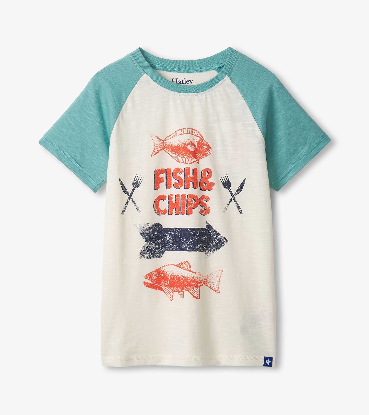 Cream raglan t-shirt with teal sleeves featuring a "Fish & Chips" graphic and fish illustrations.