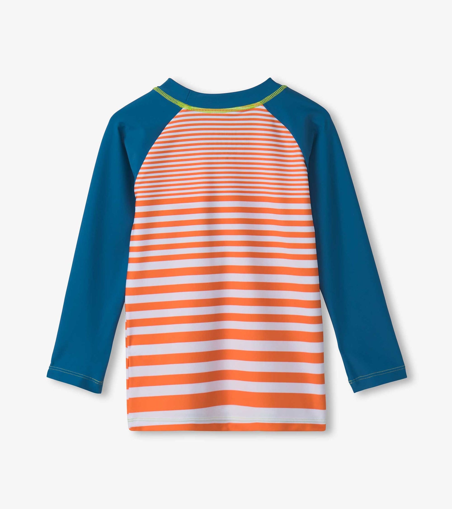 Boys long sleeve rashguard featuring orange and white stripes with blue sleeves and a green neckline.