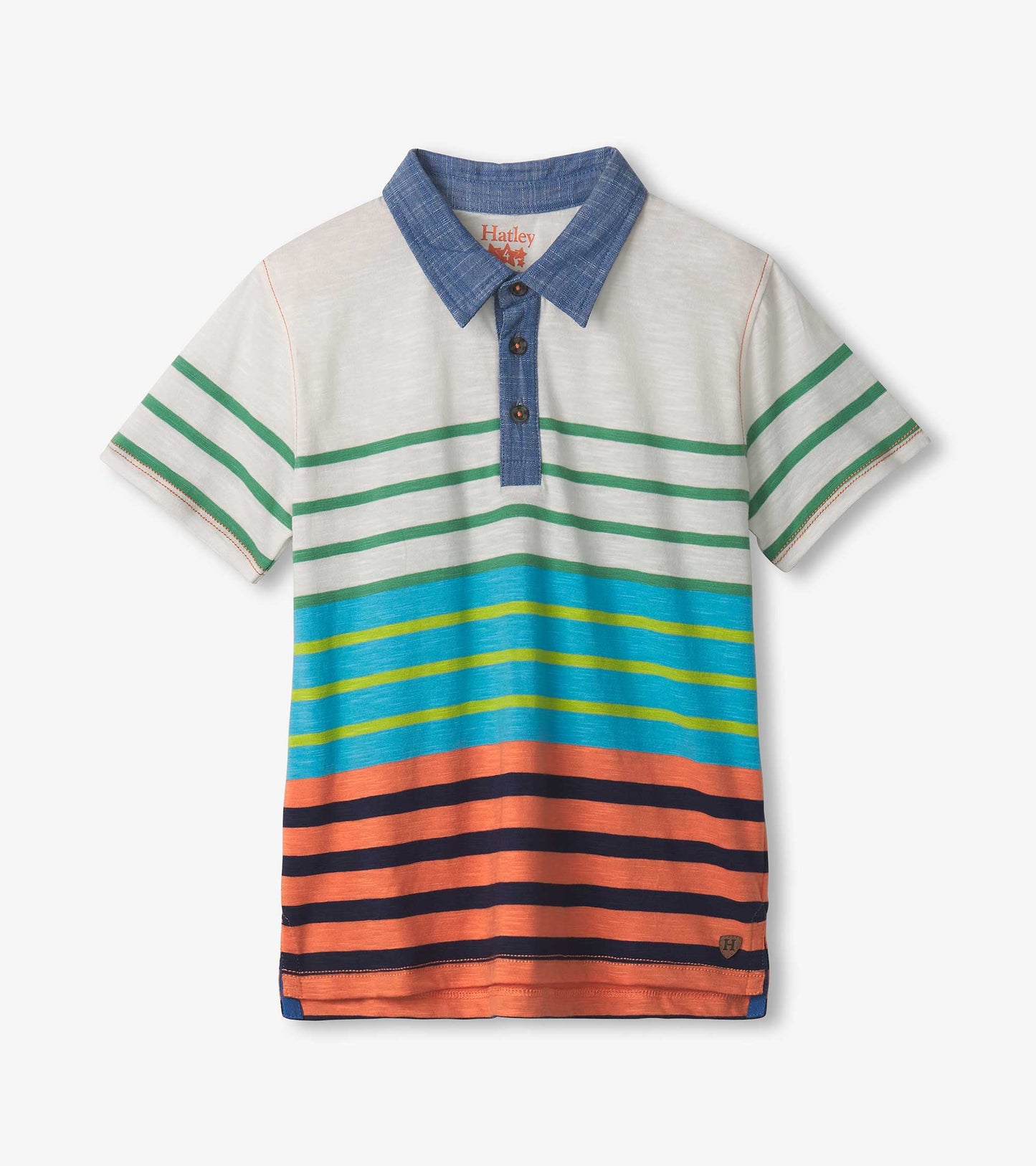 Boys' polo tee featuring a striped pattern in blue, green, orange, and white with a denim collar and button placket.