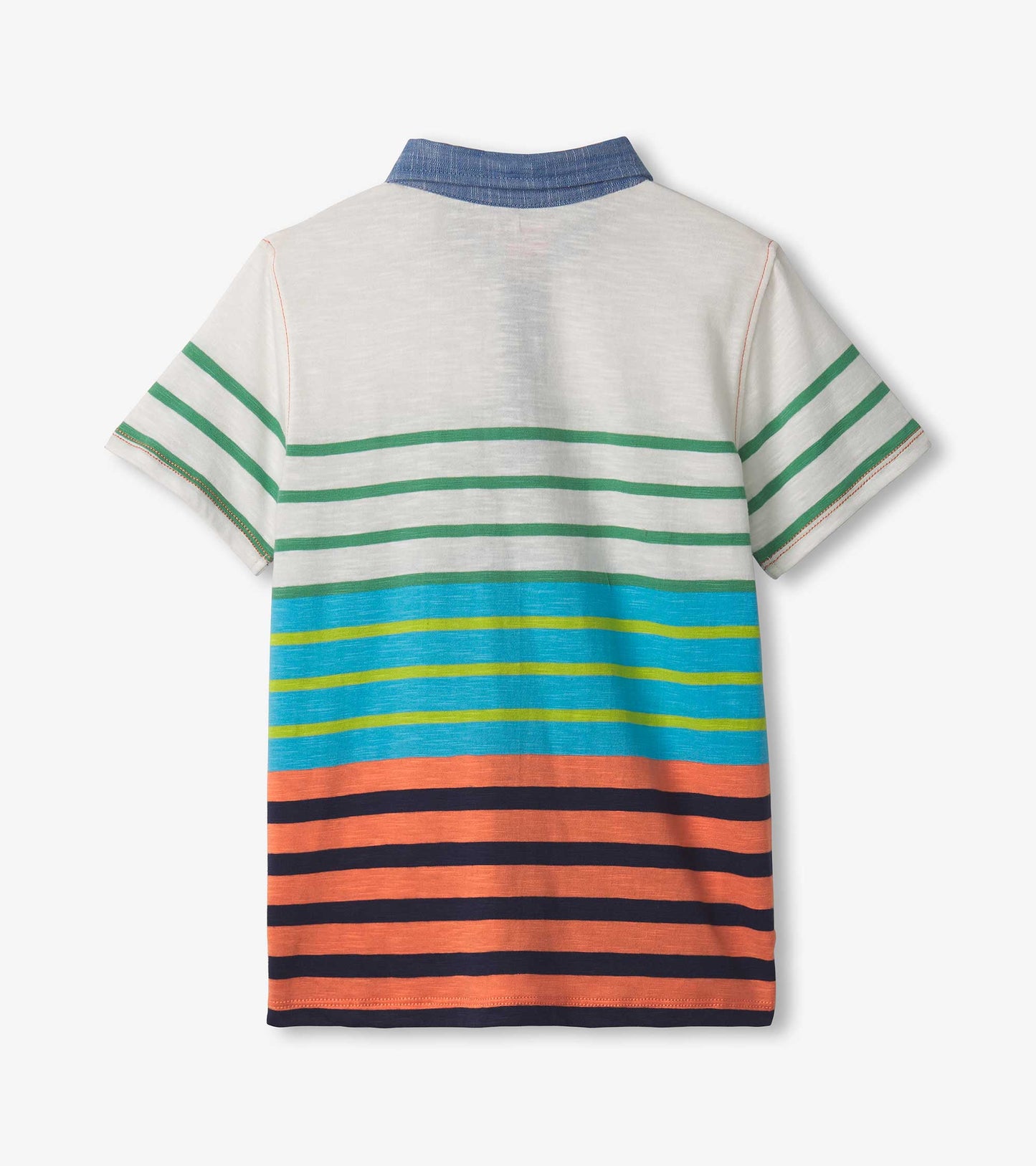 Back view of a boys' polo tee featuring colorful horizontal stripes in green, blue, orange, and navy on a light background.