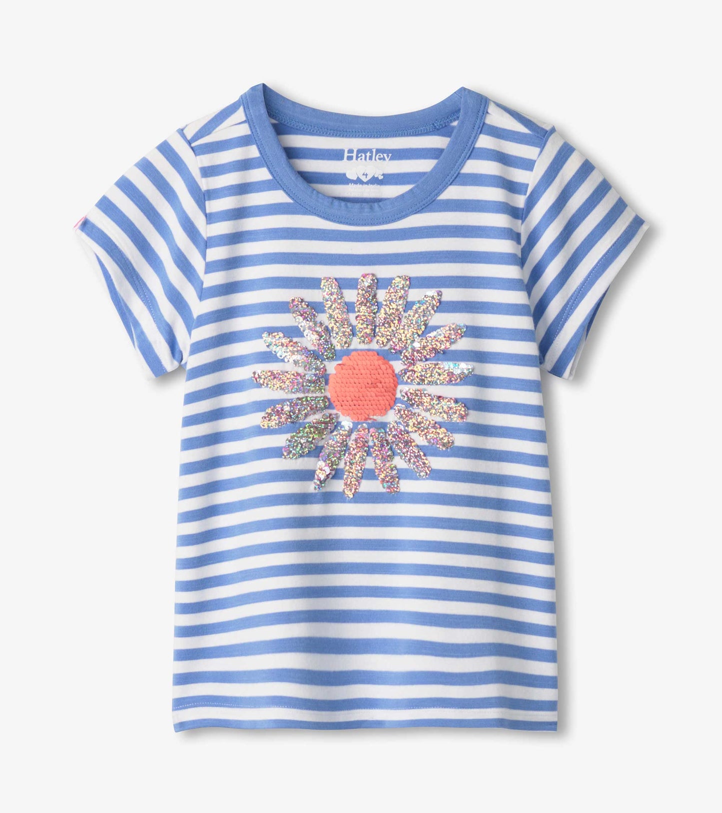Blue and white striped children's t-shirt featuring a colorful floral design on the front.