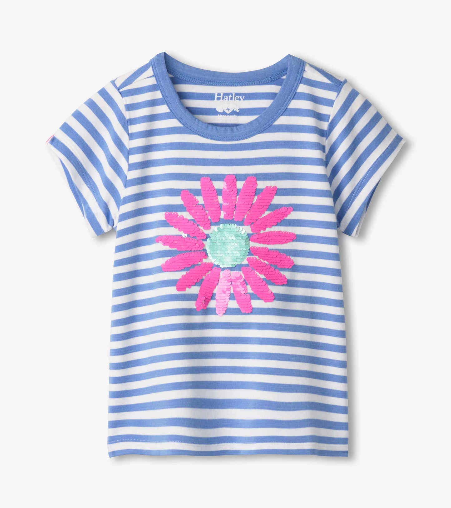 Blue and white striped children's t-shirt featuring a large pink flower design on the front.