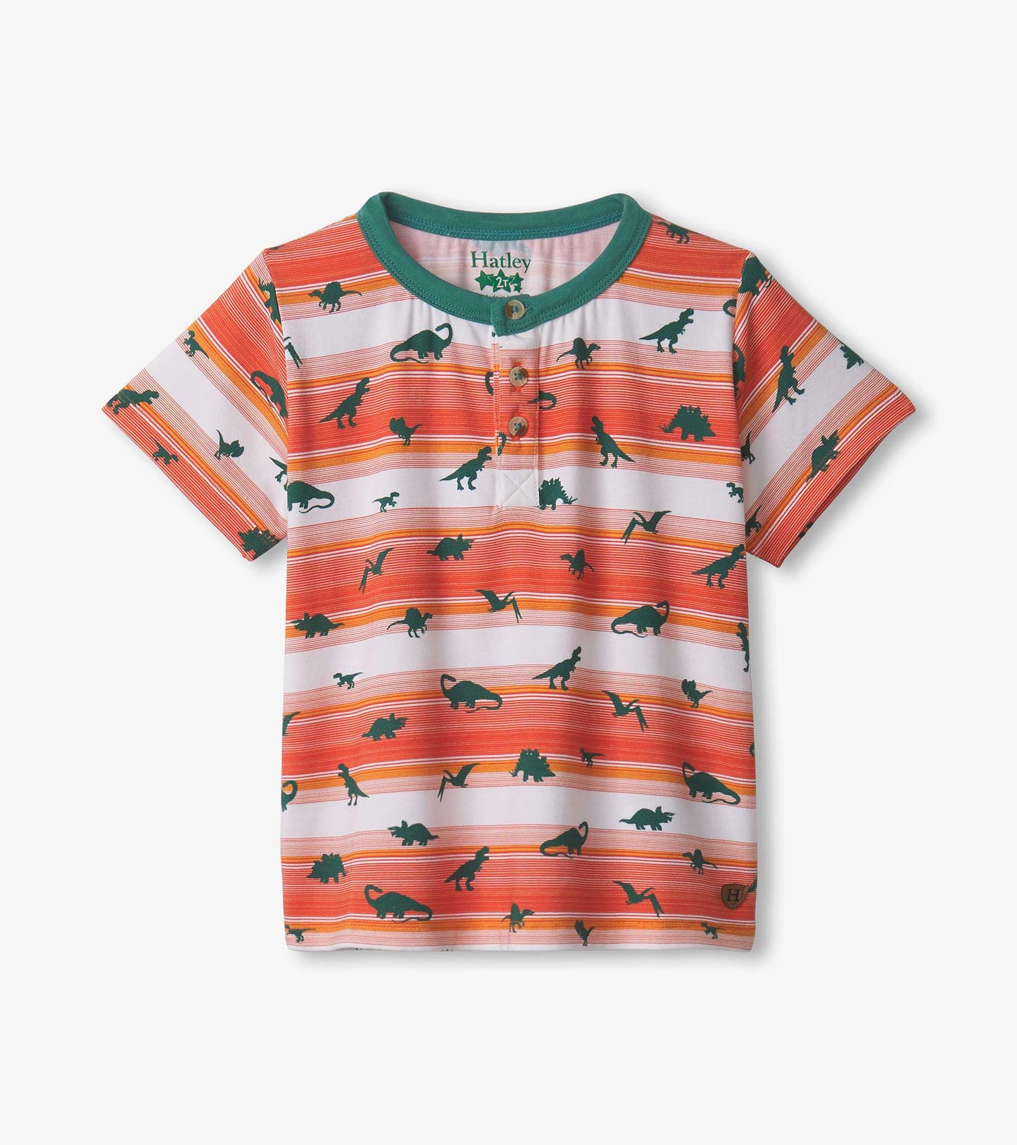 Short-sleeve henley shirt featuring orange and white stripes with green dinosaur silhouettes, made from bamboo fabric.