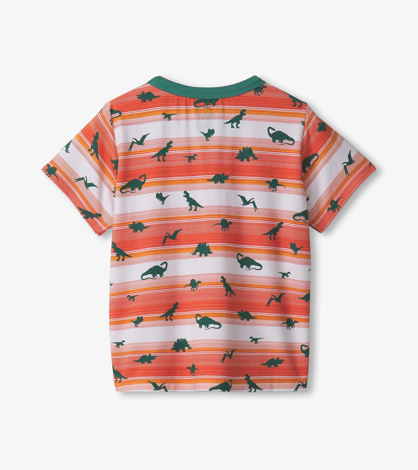 Bamboo henley shirt for baby boys featuring a colorful dinosaur pattern on orange and white stripes.