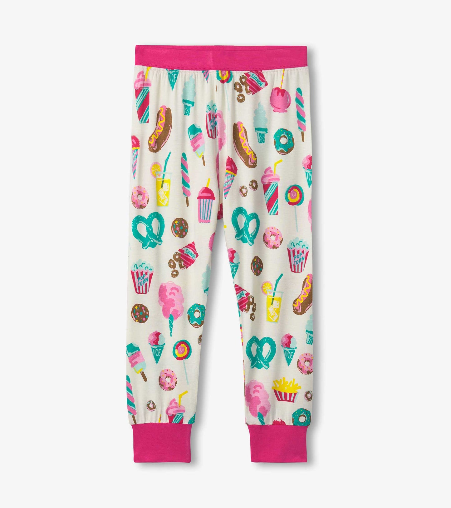 Bamboo pyjama set featuring colorful carnival treats on a cream background, with pink cuffs and waistband.