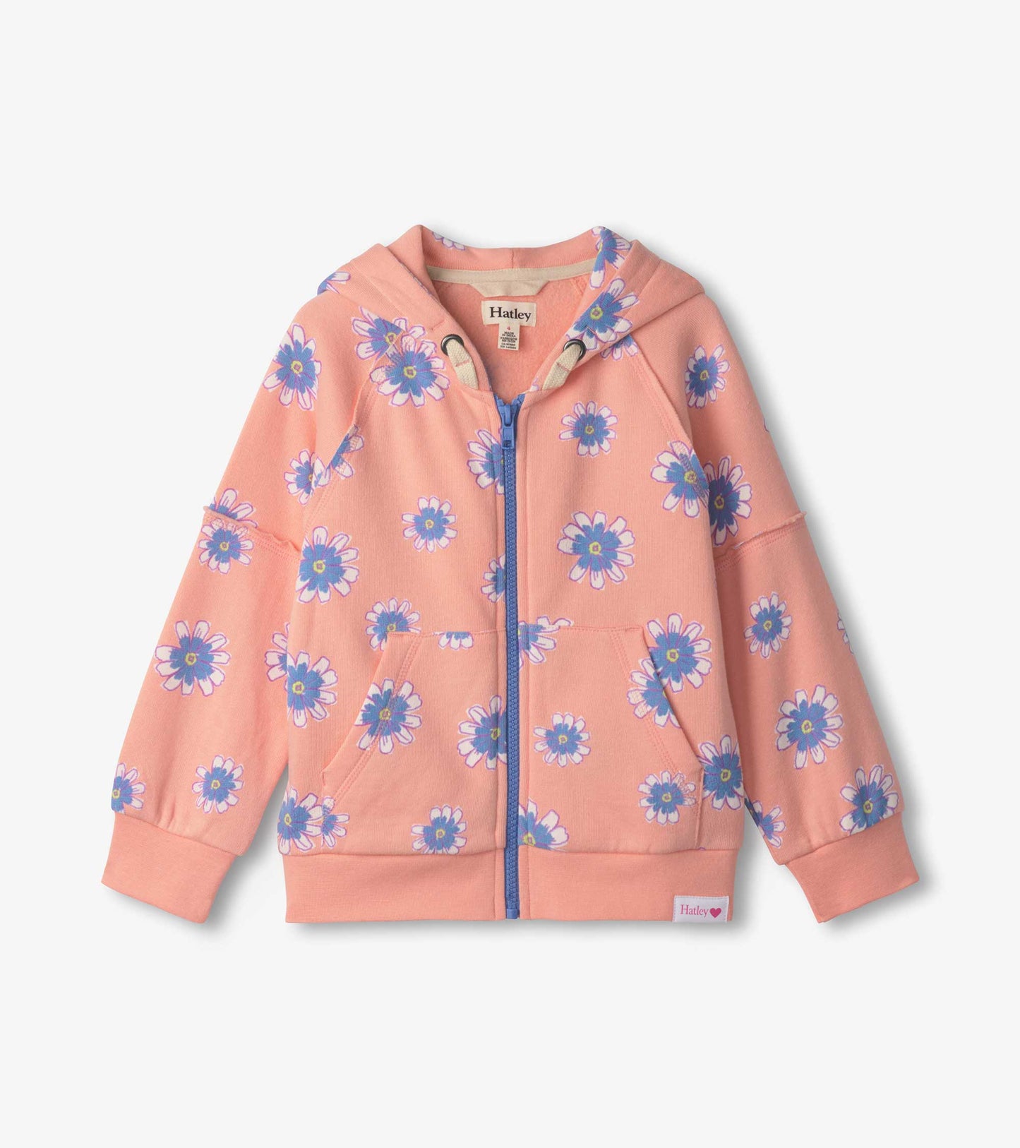 Pink hoodie with a floral pattern, featuring a front zipper and pockets, designed for girls.