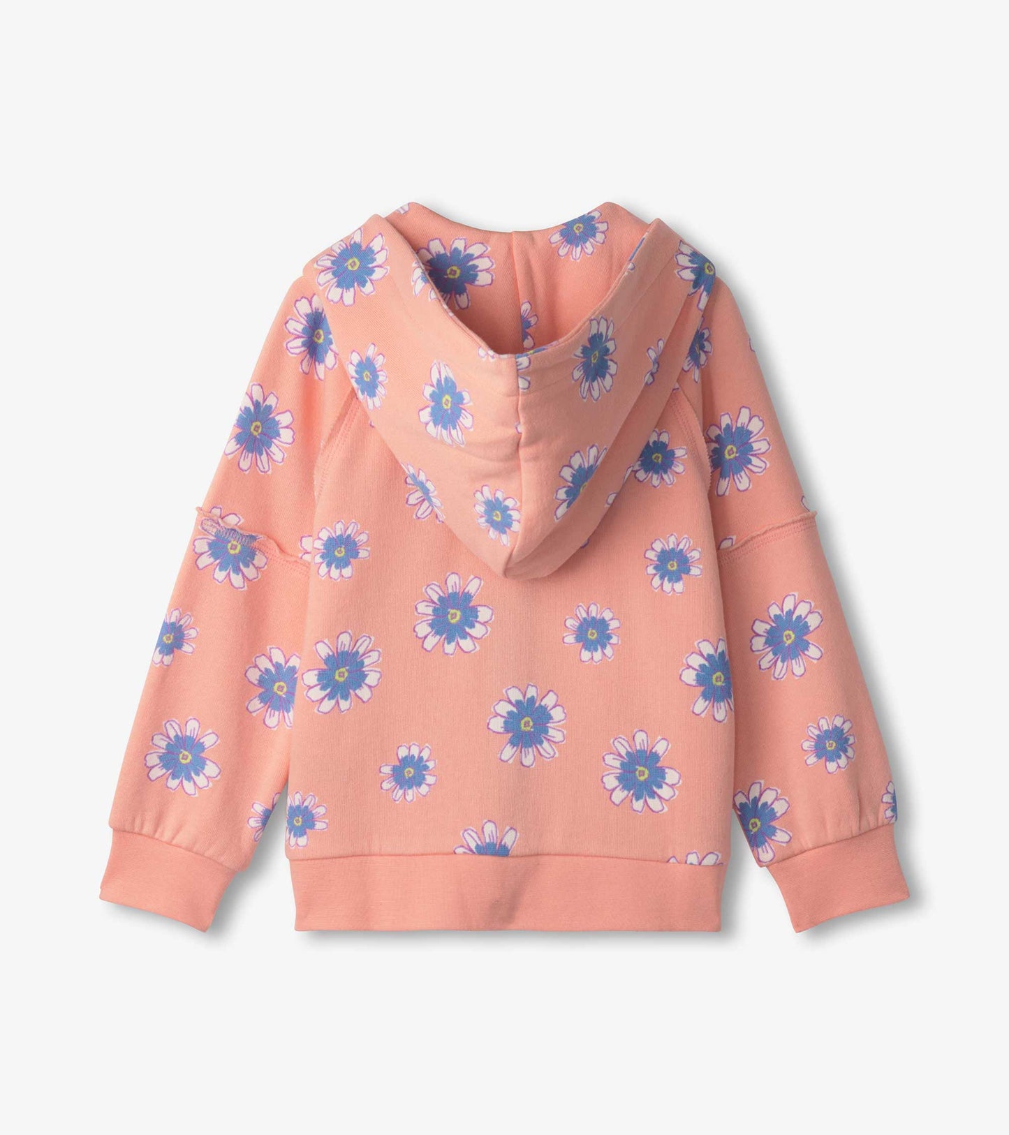 Peach hoodie with a floral pattern featuring blue and white daisies, designed for girls. Back view with a hood.