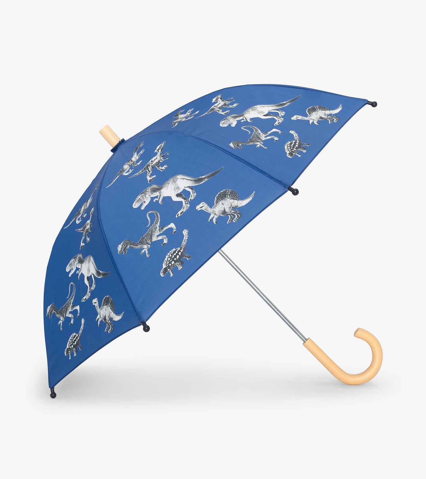 Blue umbrella featuring various dinosaur illustrations, with a curved wooden handle and a sturdy metal frame.