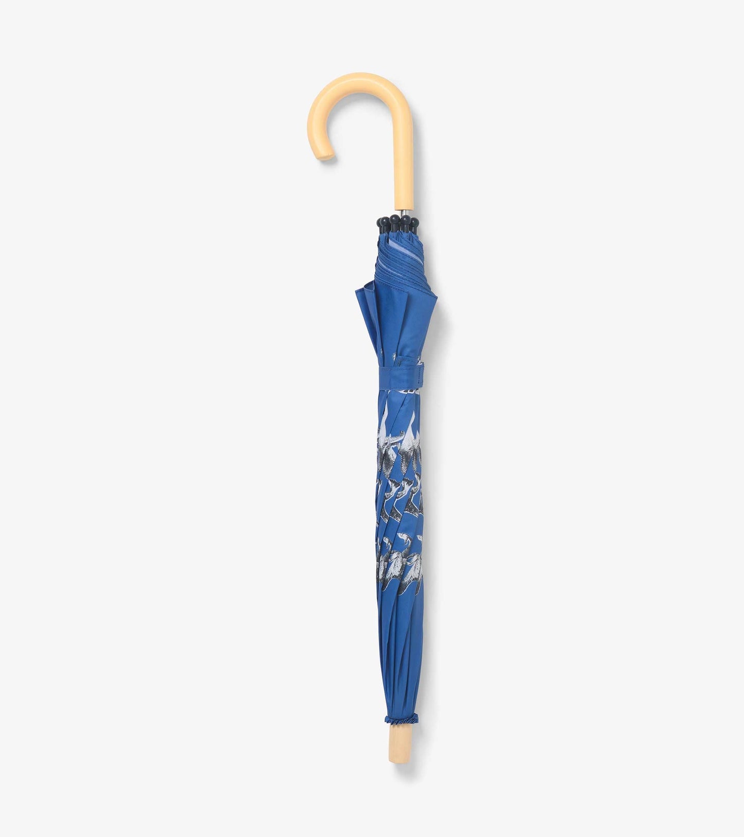 Blue umbrella featuring a dinosaur pattern, with a curved wooden handle and a compact design for kids.