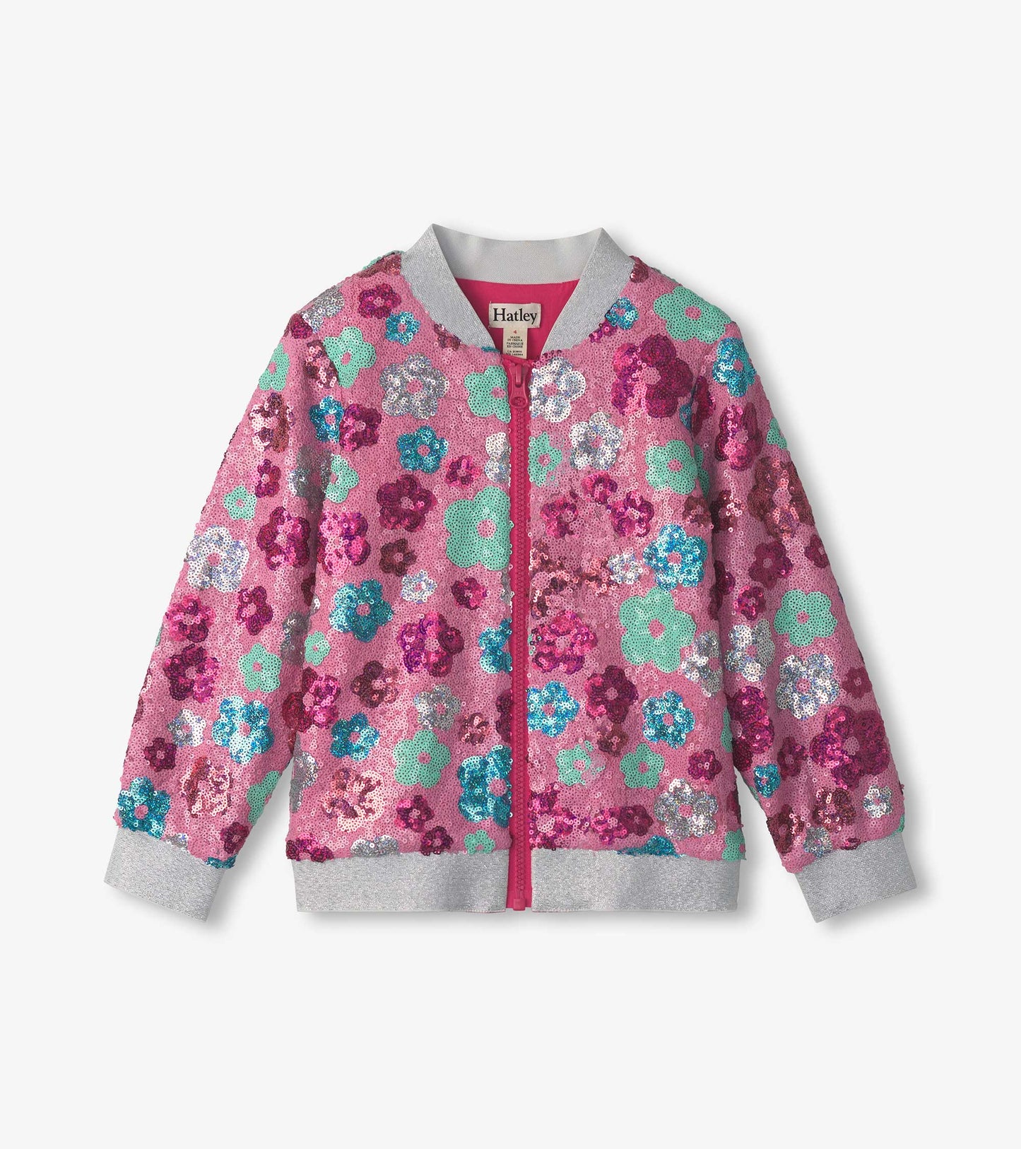 Pink bomber jacket with sequined floral pattern, featuring a front zipper and gray ribbed cuffs and collar.