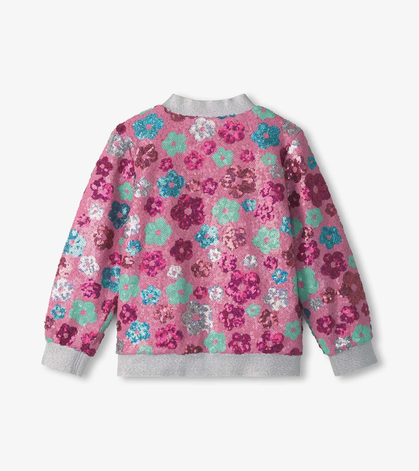 Pink bomber jacket with multicolored daisy sequins and gray ribbed cuffs and collar, viewed from the back.