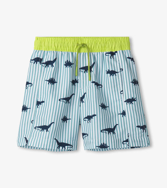 Boys' swim trunks featuring a blue and white striped pattern with black dinosaur silhouettes and a bright green waistband.