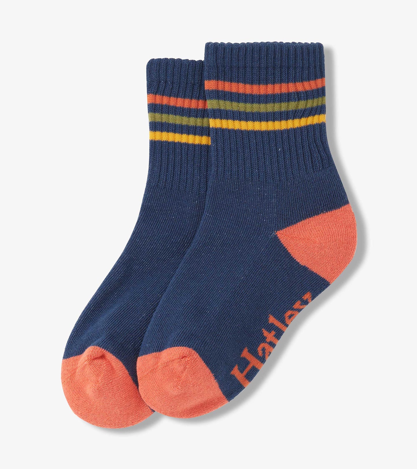 Blue crew socks with orange, yellow, and green stripes, featuring a coral toe and heel. Suitable for boys ages 2-12.